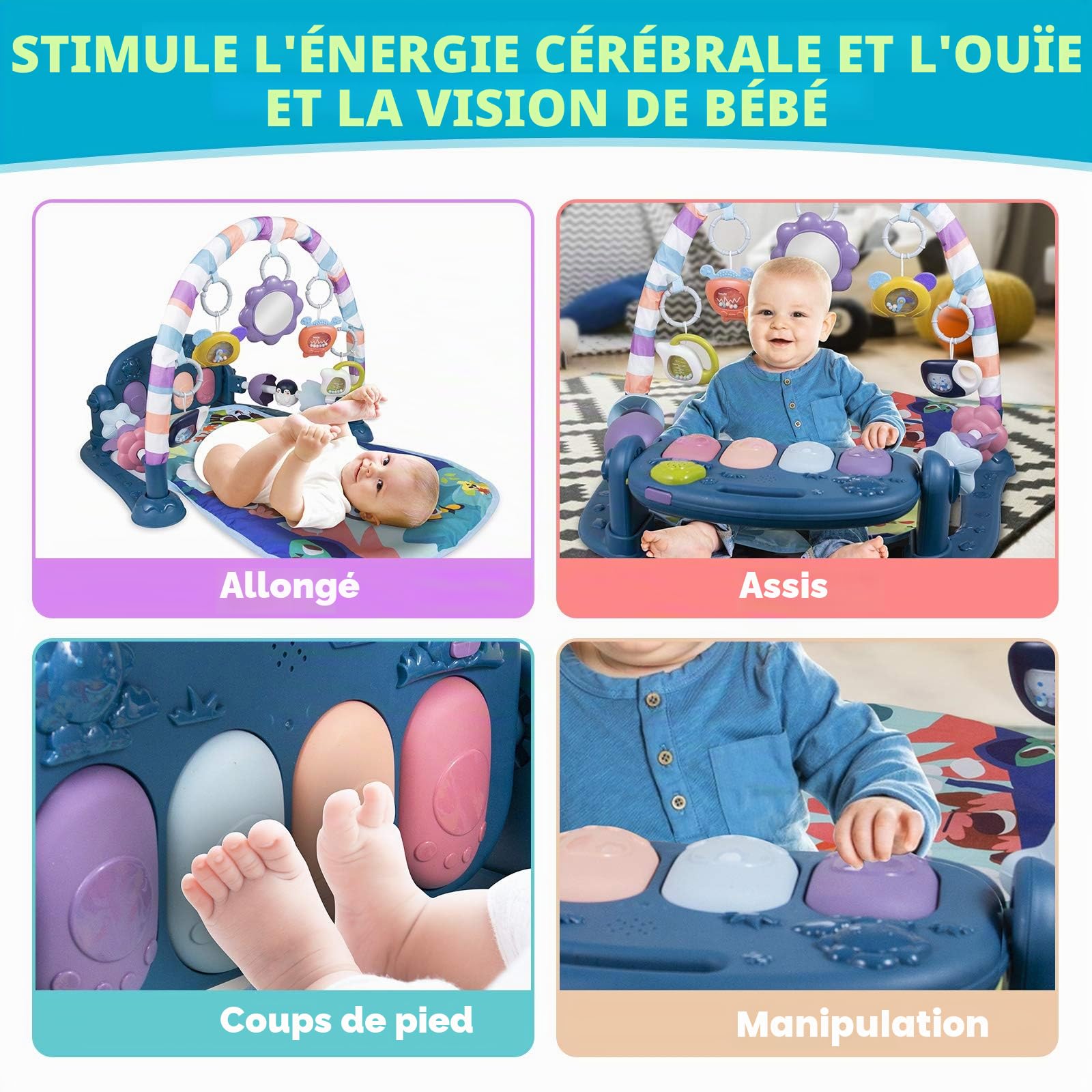 Tapis de jeu pour bébé - Jouet d'activité pour nouveau-né avec piano - Tapis de jeu pour tout-petits (rose)