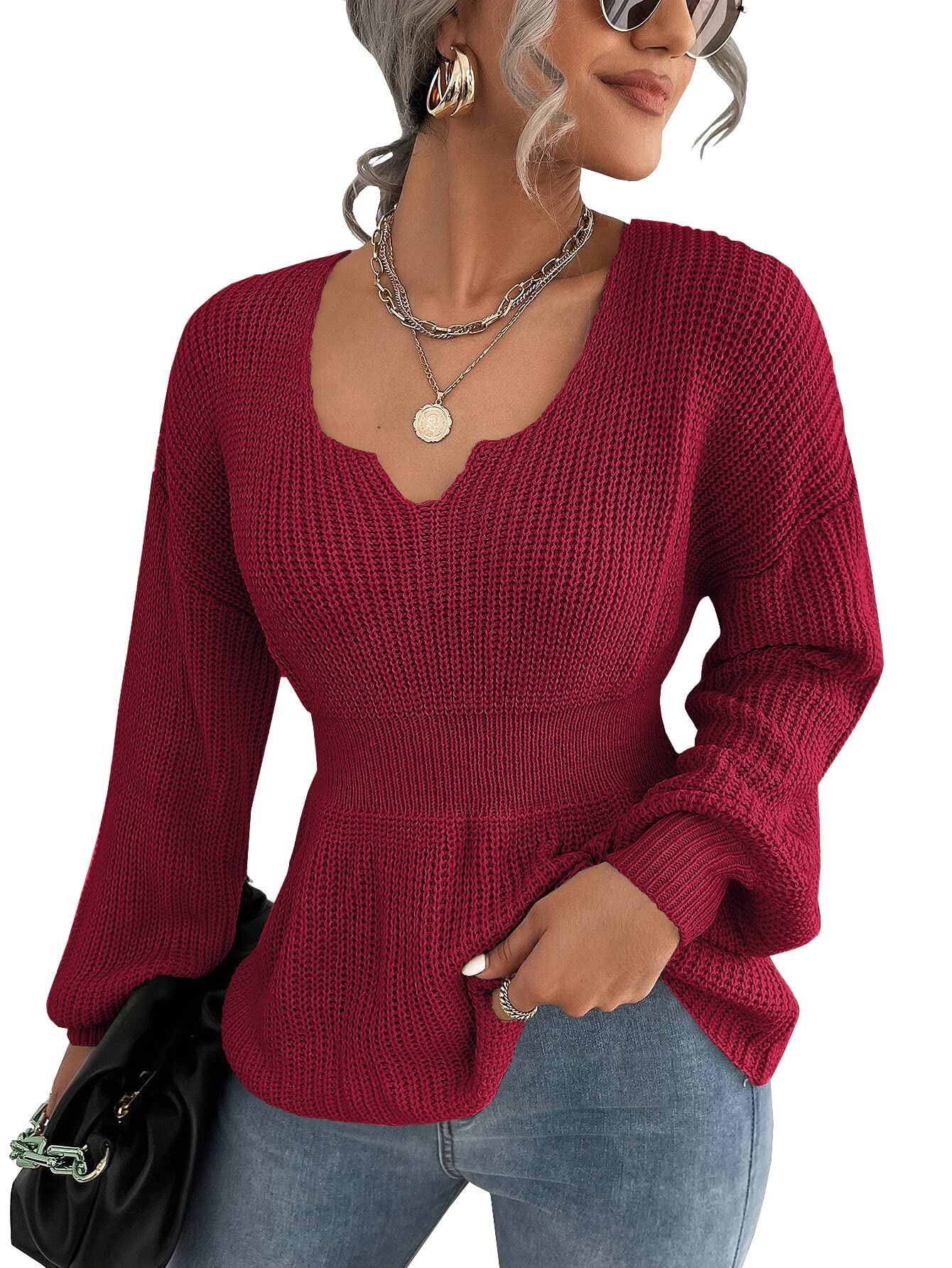 Veatzaer Womens V Neck Sweaters Fall Trendy Casual Long Lantern Sleeve Ribbed Knit Pullover Sweater Tops