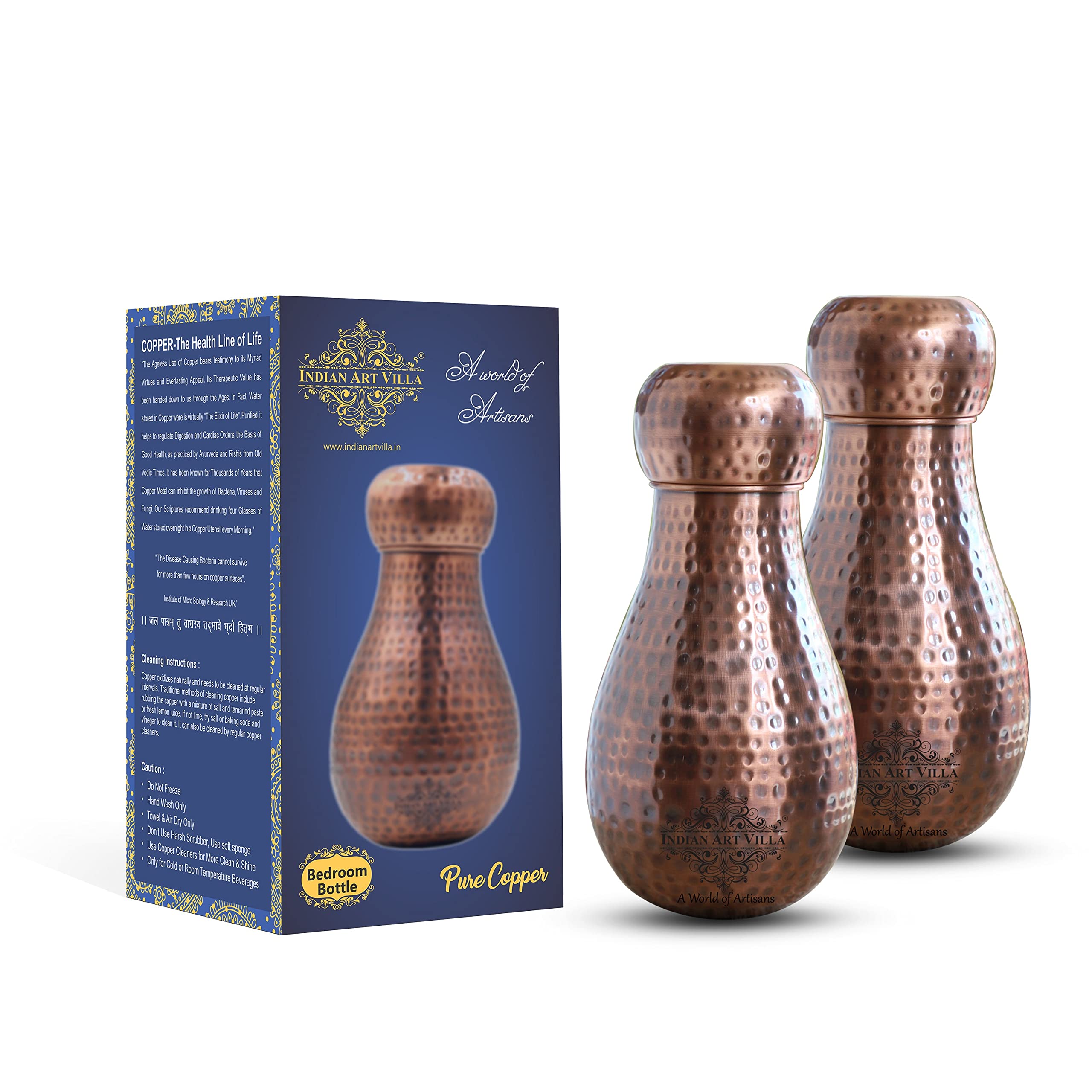 Indian Art villa pure copper bedroom water bottle with Dark Matka Hammered Design Drinkware Set of 2 Volume-54