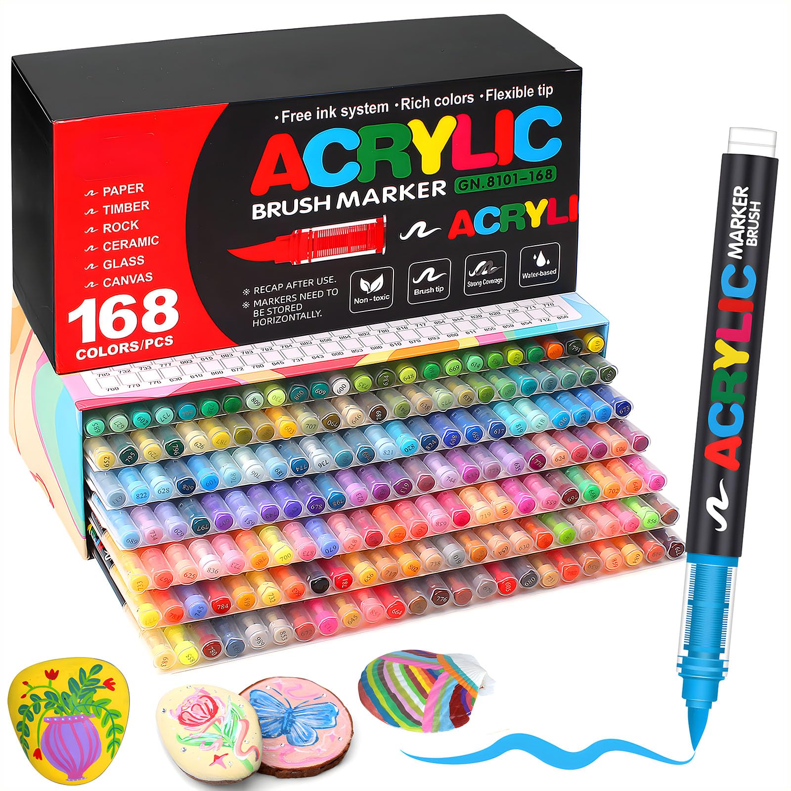 Acrylic Pens 60 Kleuren - Flexibele Penselen (1-5mm) voor Steen, Keramiek, Metaal, Textiel, Glas en Hout - Watergedragen, Snel Drogende en Waterbestendige Markers