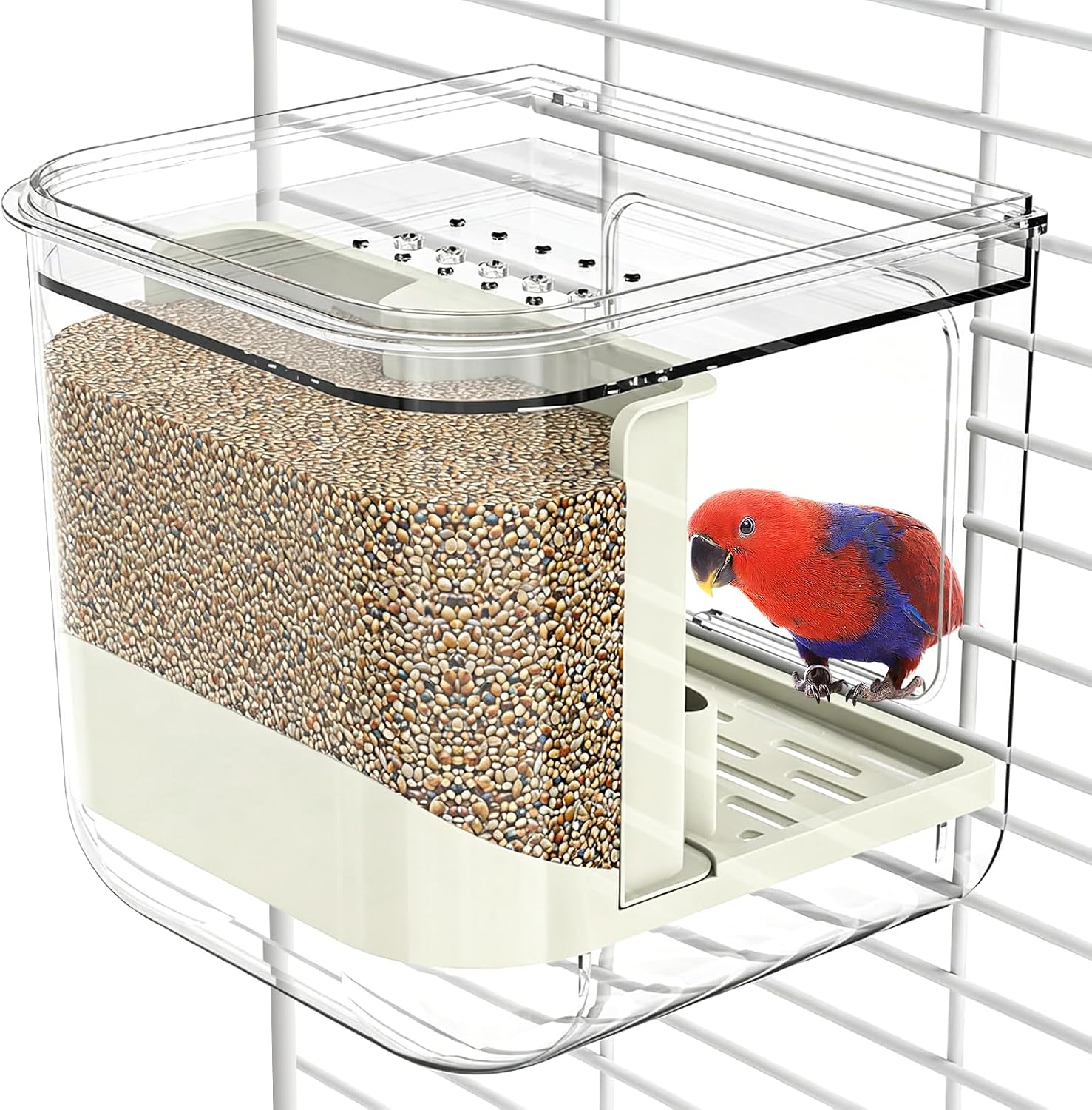 No Mess Automatic Bird Feeder,Multifunctional Parrot Seed Feeders & Bathtub | Transparent Seed Food Container,Bird Feeder for Cage,Food Dispenser for Parakeet Cockatoo Canary Finch Cockatiel Lovebird