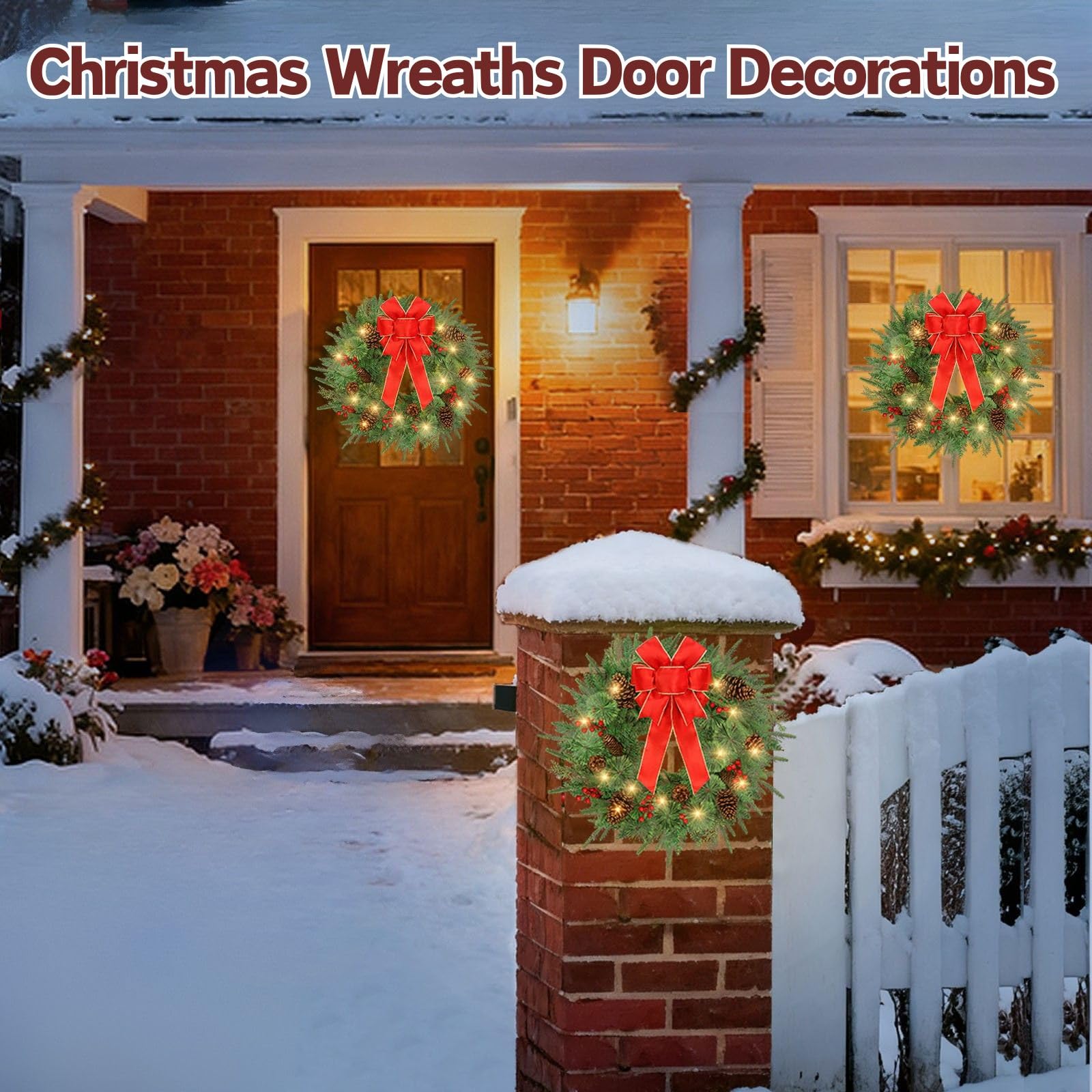 Decoraciones de corona de Navidad de 24 pulgadas, coronas artificiales con 50 luces LED, 8 modos y temporizador, funciona con pilas, 144 puntas de PVC, lazo rojo grande, conos de pino, bayas para