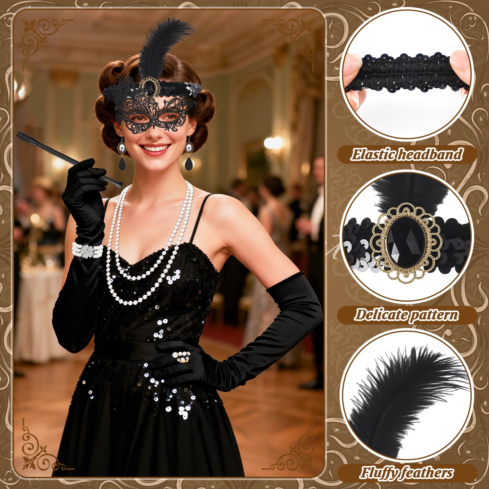 Jokureao 1920s Flapper Accessories Set for Women Roaring 20s Accessories with Headband, Pearl Necklace, Earrings, Gloves - Image 4