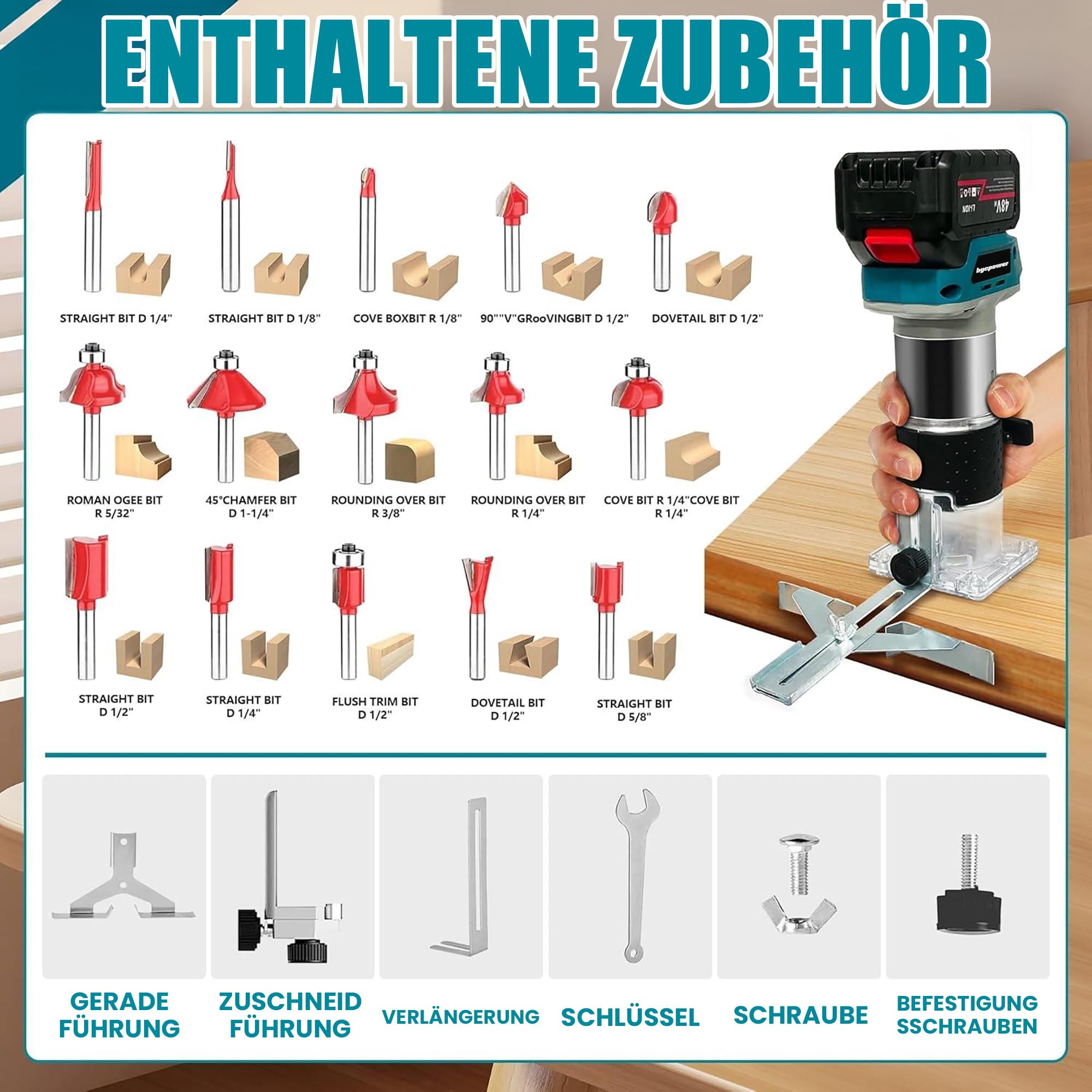 Akku Oberfräse für Bosch 18V Akku, 30000 RPM Bürstenloser Motor, 5-Stufen Kantenfräse, Kabellose Holzfräse mit 6,35mm Durchmesser, mit 15pcs 1/4" Fräser für Holz & Kunststoff (ohne Akku)