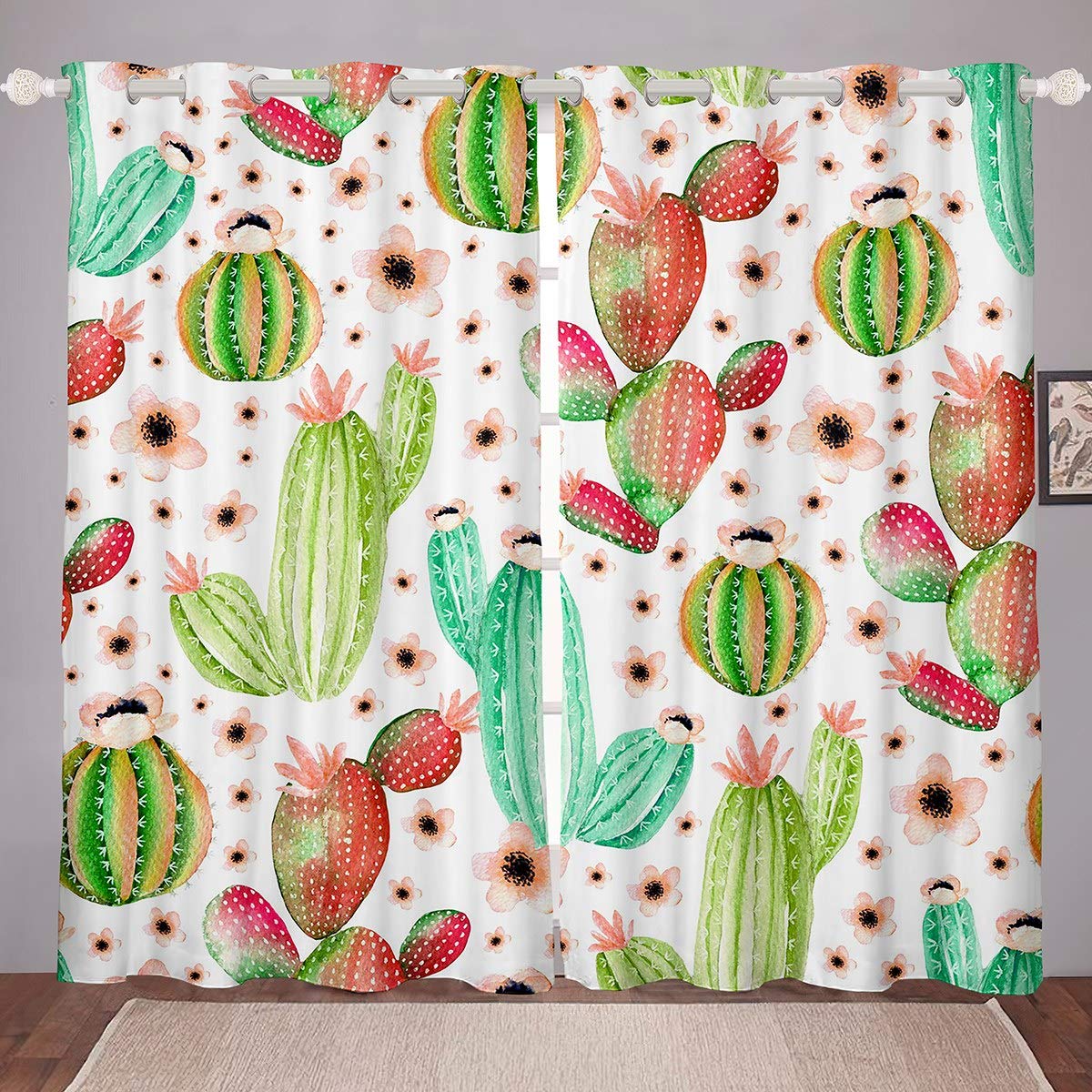 Loussiesd Kids Cactus Curtains Boho Succulent Floral Design Window Curtains for Bedroom Living Room Colorful Botanical Pattern Windows Drapes Watercolor Exotic Natural Window Treatments,W66*L72