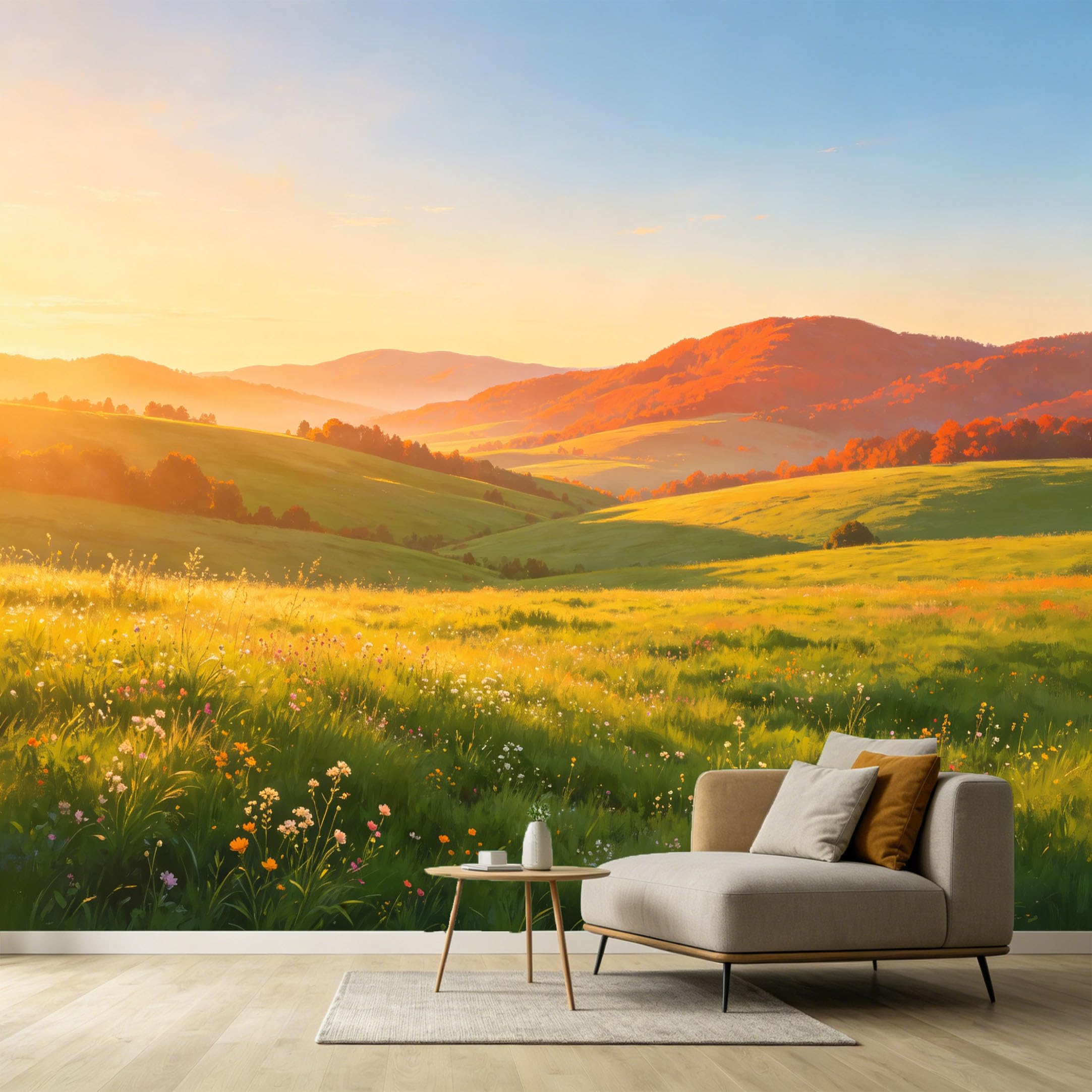 Custom Size Wall Murals Sunset Landscape Oil Painting Rolling Hills Wildflower Meadow SelfAdhesive Wall Fabric Removable Large Wallpaper for Photo Living Room