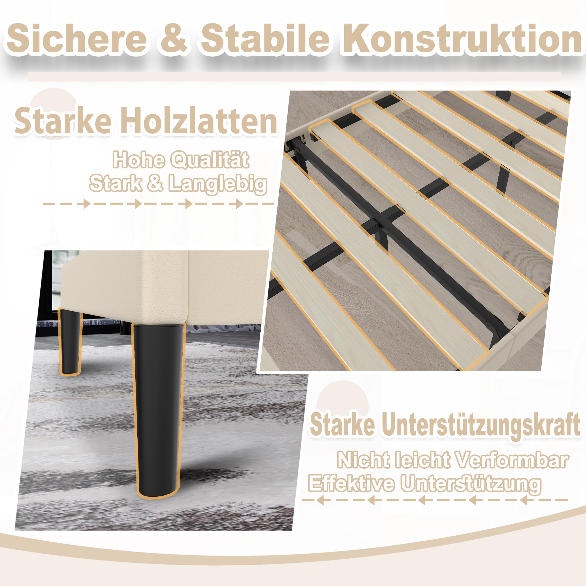 Suusolny Letto imbottito con testiera in pelle e rete a doghe, letto singolo, montaggio semplice, con strumenti di installazione, telaio fino a 300 kg, colore beige, 90 x 200 cm