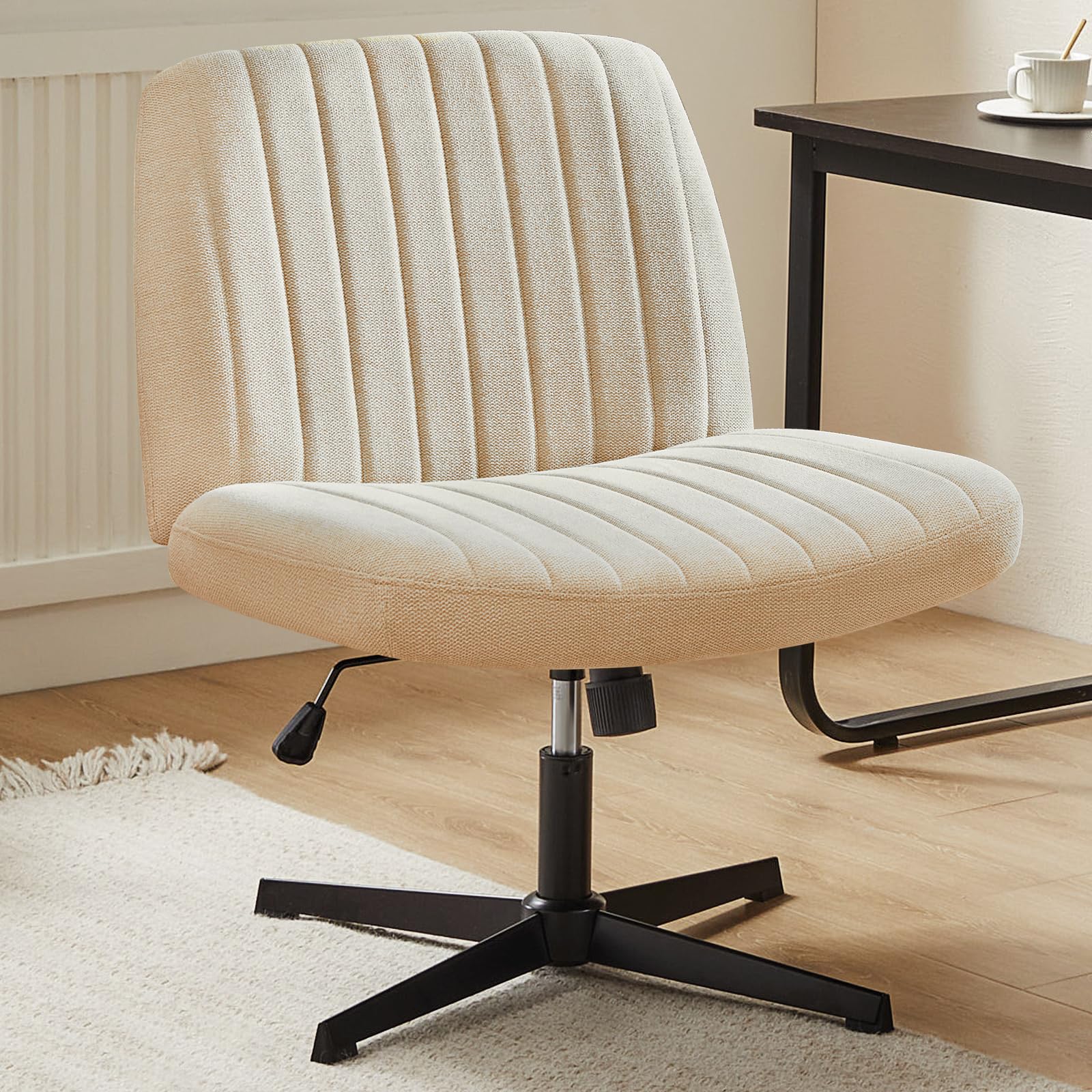 DUMOS Criss Cross Chair No Wheels Wide Cross Legged Office Desk Vanity Chair Comfy Fabric Armless Adjustable Swivel