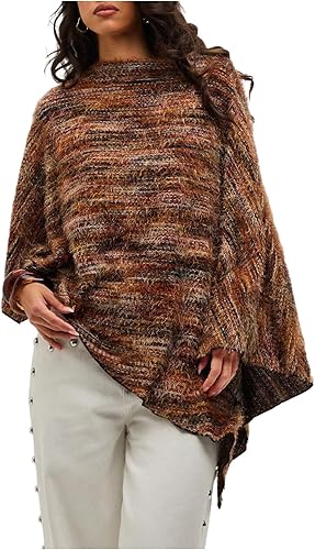 MakeMeChic Women's Fuzzy Striped Poncho Top Crew Neck Vintage Fall Pullover Swea