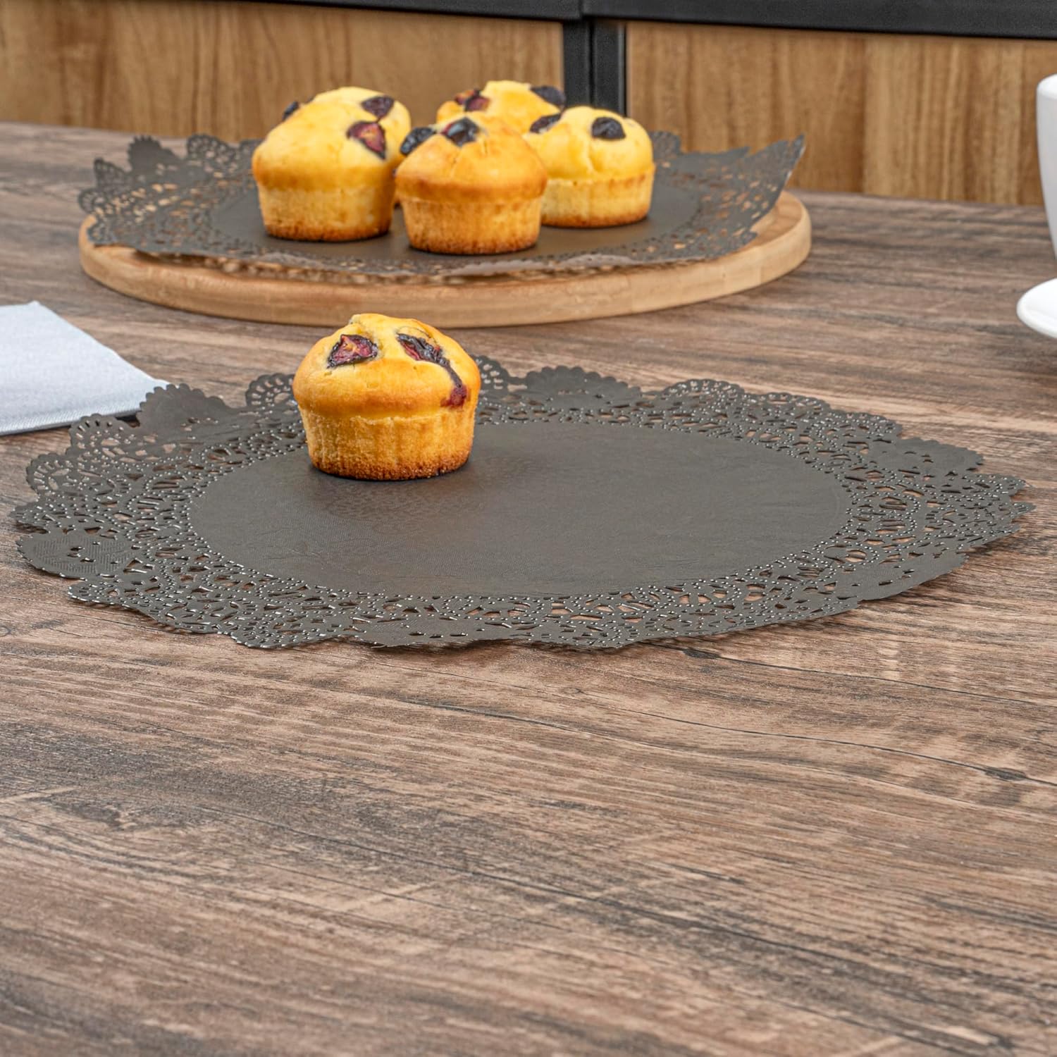 Restaurantware Pastry Tek 12 x 12 Inch Lace Doilies 100 Decorative Tableware Placemats - Disposable Round Black Paper Table Doilies For Birthdays Or Weddings Table Decor
