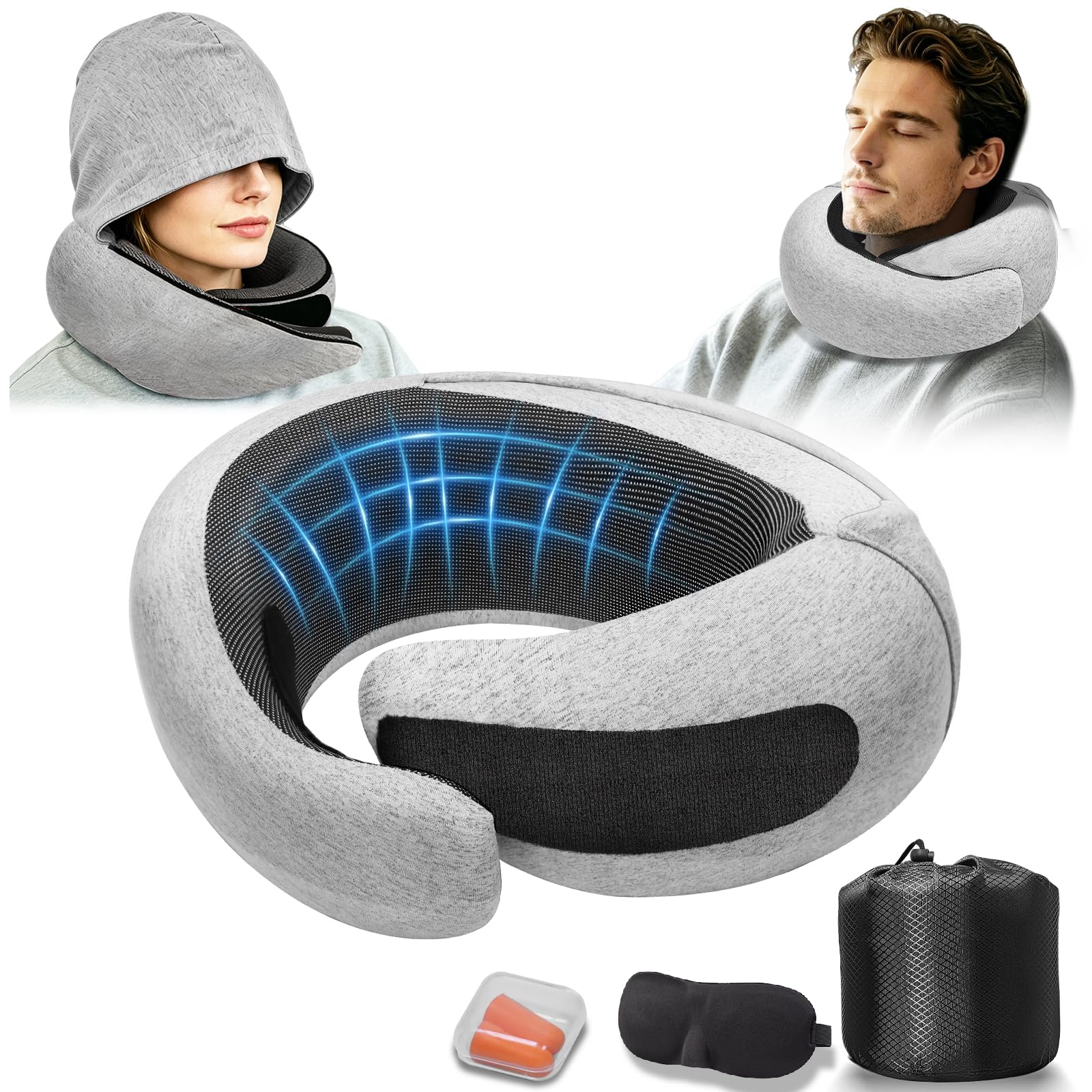 Cojín De Viaje Compactable con Capucha Cortaviento, Soporte 360° Integral | Funda Desmontable, Espuma Viscoelástica, Ajustable Velcro, Tela Transpirable, Set Completo Con Bolsa De Almacenamiento
