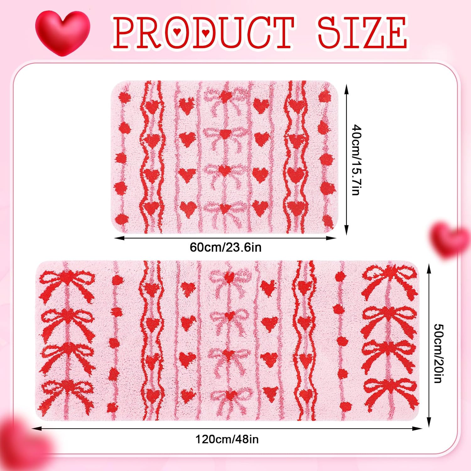 Drydiet 2 Pcs Pink Heart Bows Bathroom Mat Set 20 x 47 Inch Soft Plush Bath Rugs Non-Slip Backing Washable Tufted Absorbent for Bathroom Decoration Carpet Indoor Party Favors Decor