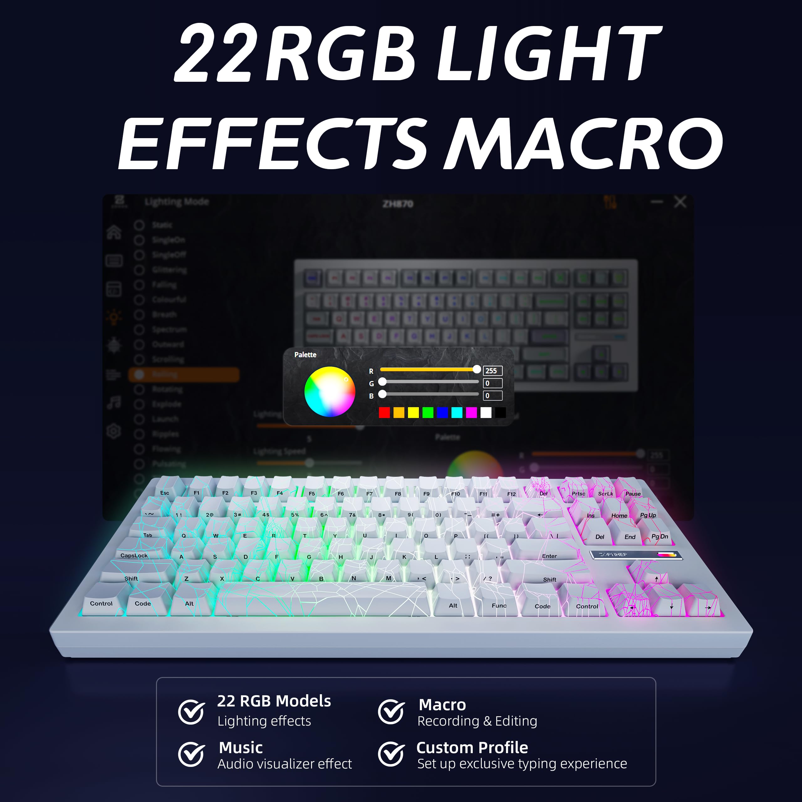 ZORNHER Tastiera meccanica da gioco wireless ZH870, tastiera da gioco bianca all'80% con keycap PC IMD a ragnatela bianca, interruttori lineari dal suono cremoso, sostituibile a caldo