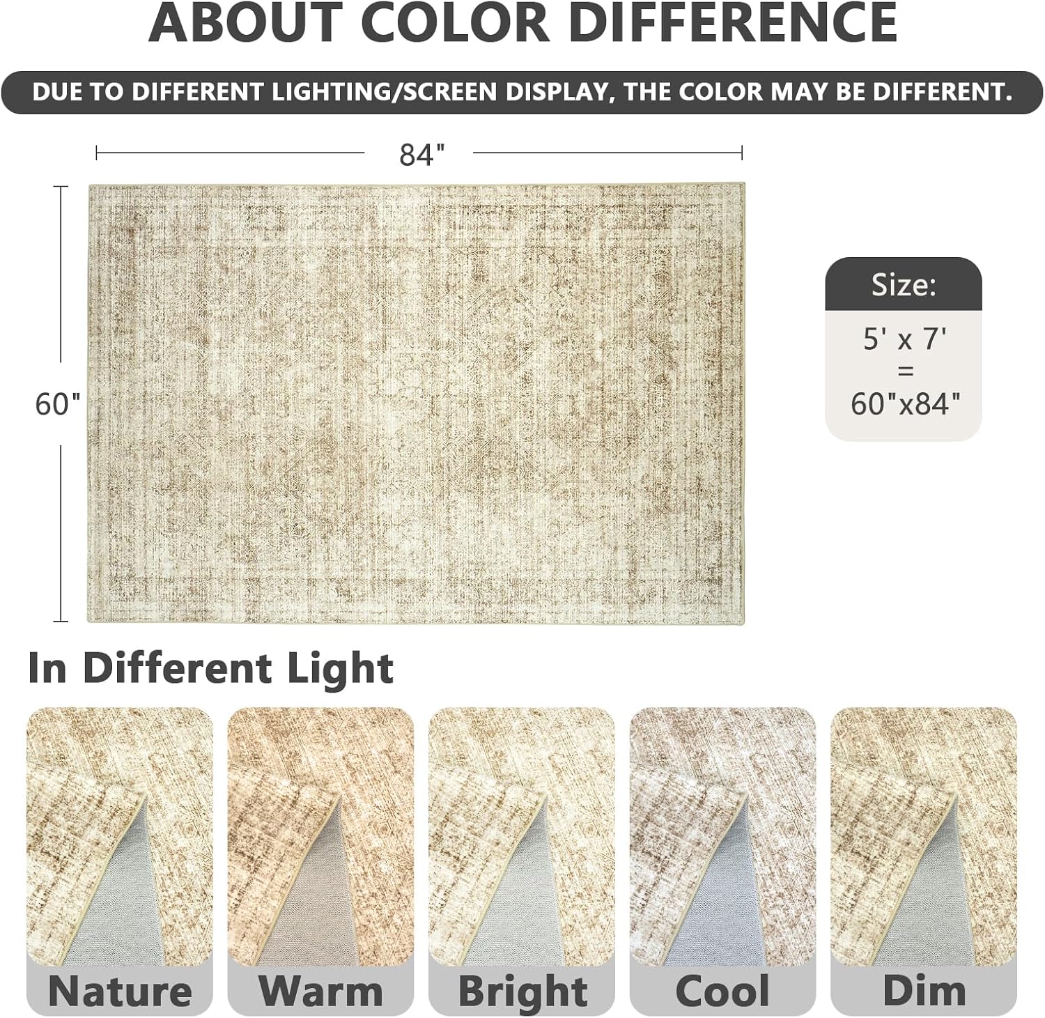 5x7 Vintage Boho Area Rug, Beige Distressed Faux Cashmere Low Pile Carpet, Non Slip, Stain Resistant, Non Shedding, Foldable, Machine Washable Rug for Living Room, Bedroom, Dining Room, Home Office