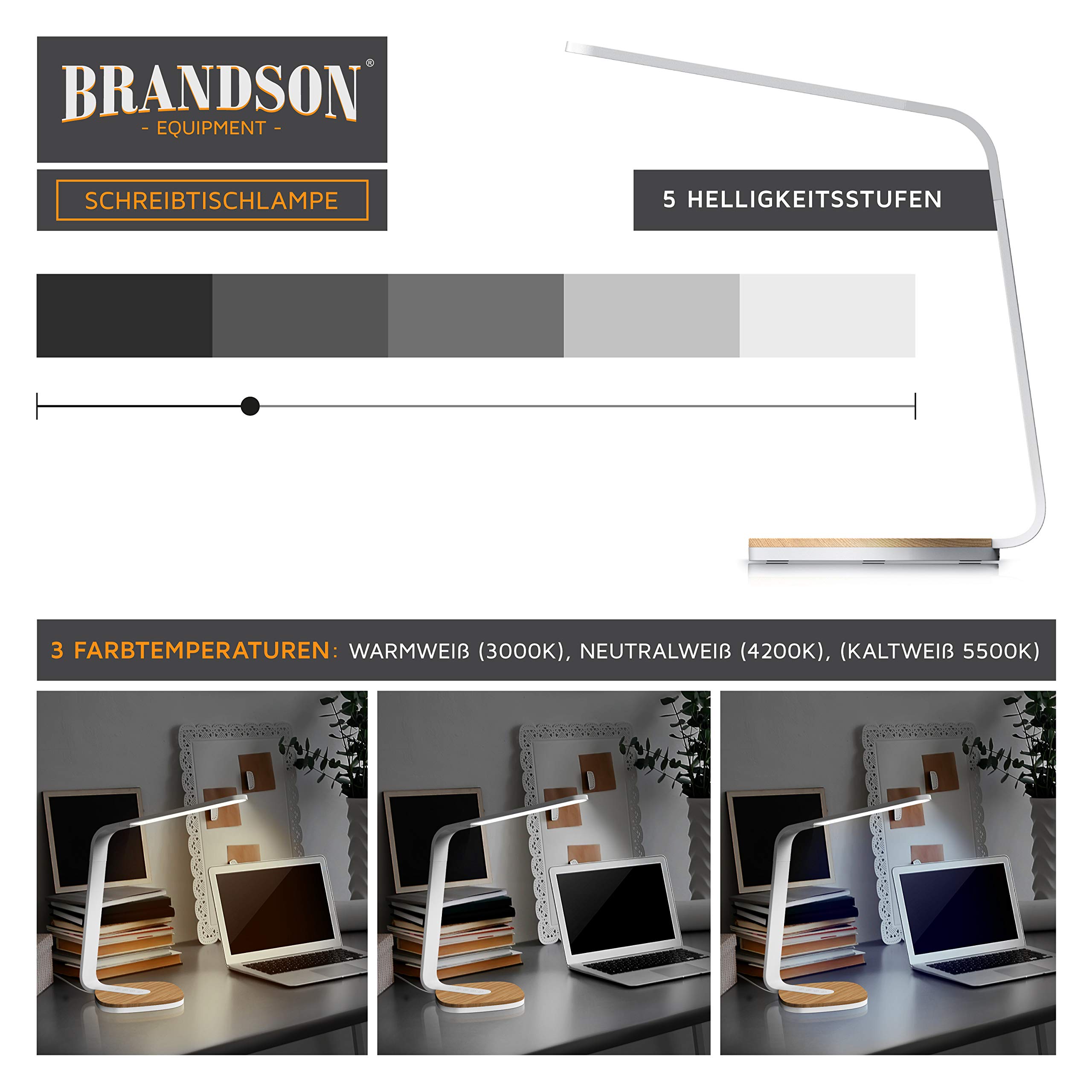 Brandson - LED Schreibtischlampe Holz - Dimmbare Tischleuchte mit 5 Helligkeitsstufen – 3 Lichttemperaturen - Augenschonend – 450 Lumen - Sensor Touch – Büro Lesen Studieren - Weiß