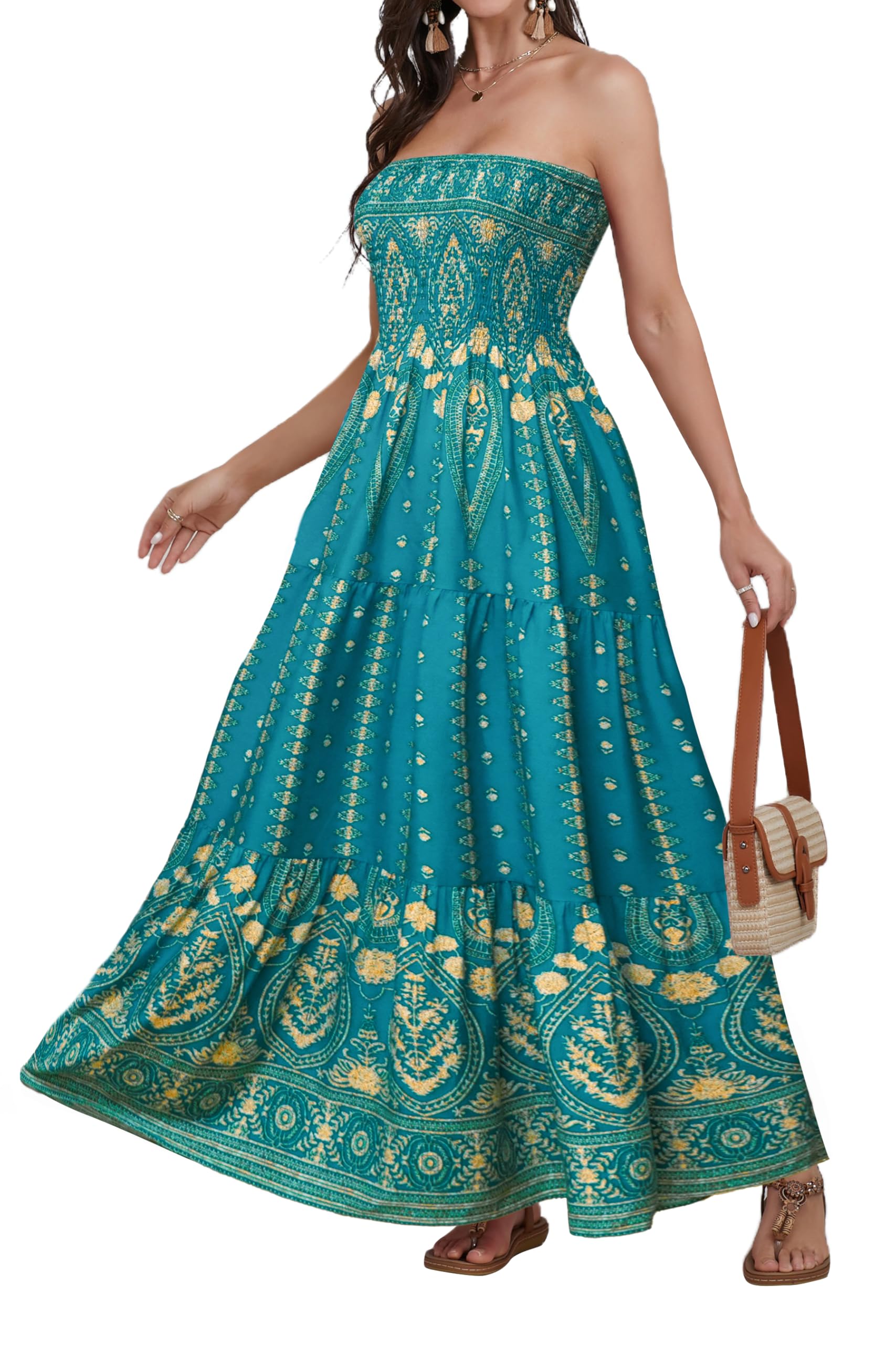 Daenery Women Strapless A Line Maxi Dress Tube Top Backless Casual Summer Dress