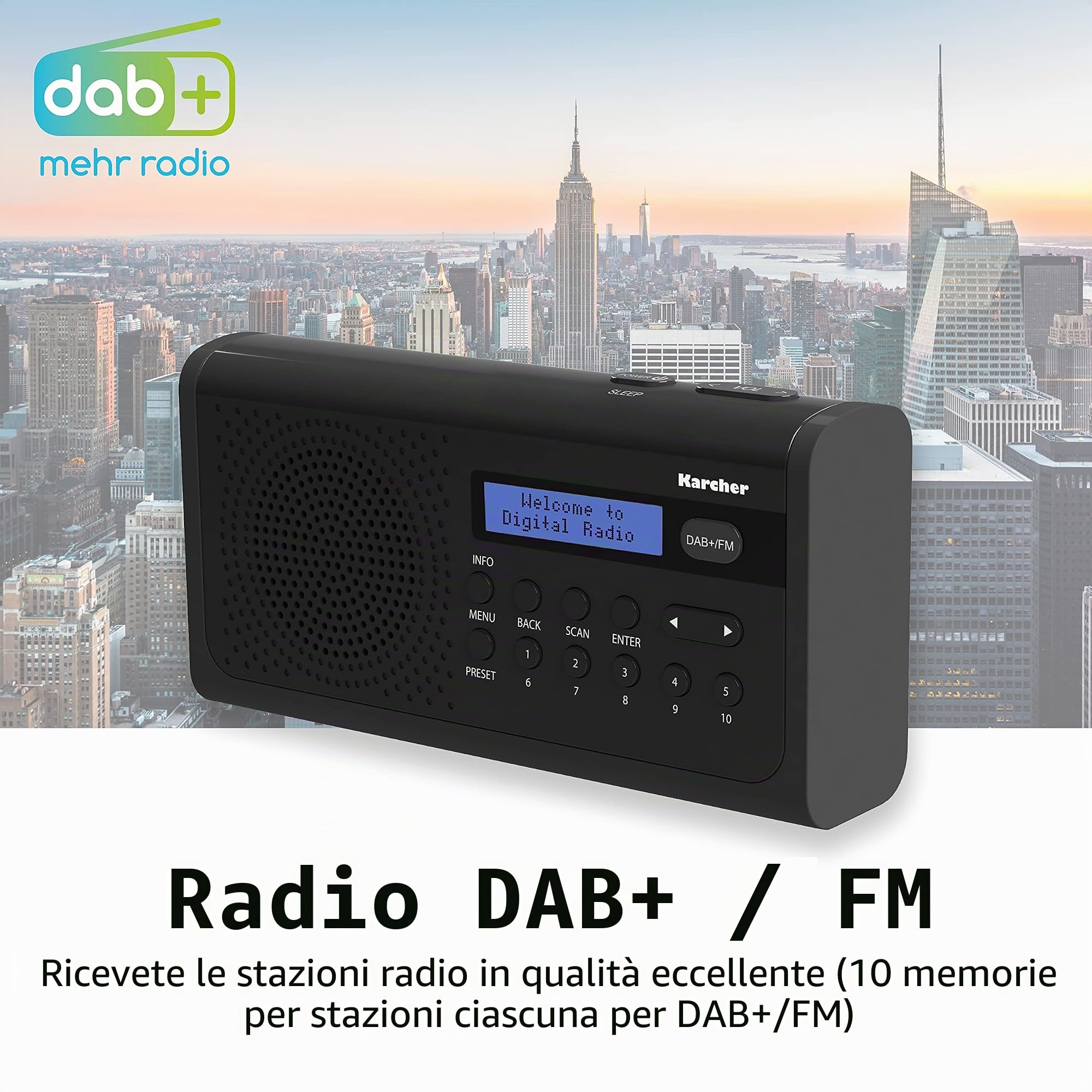 Karcher DAB 2405 Radio Digitale DAB+ / FM, Sveglia, Batteria e Alimentazione, Nero