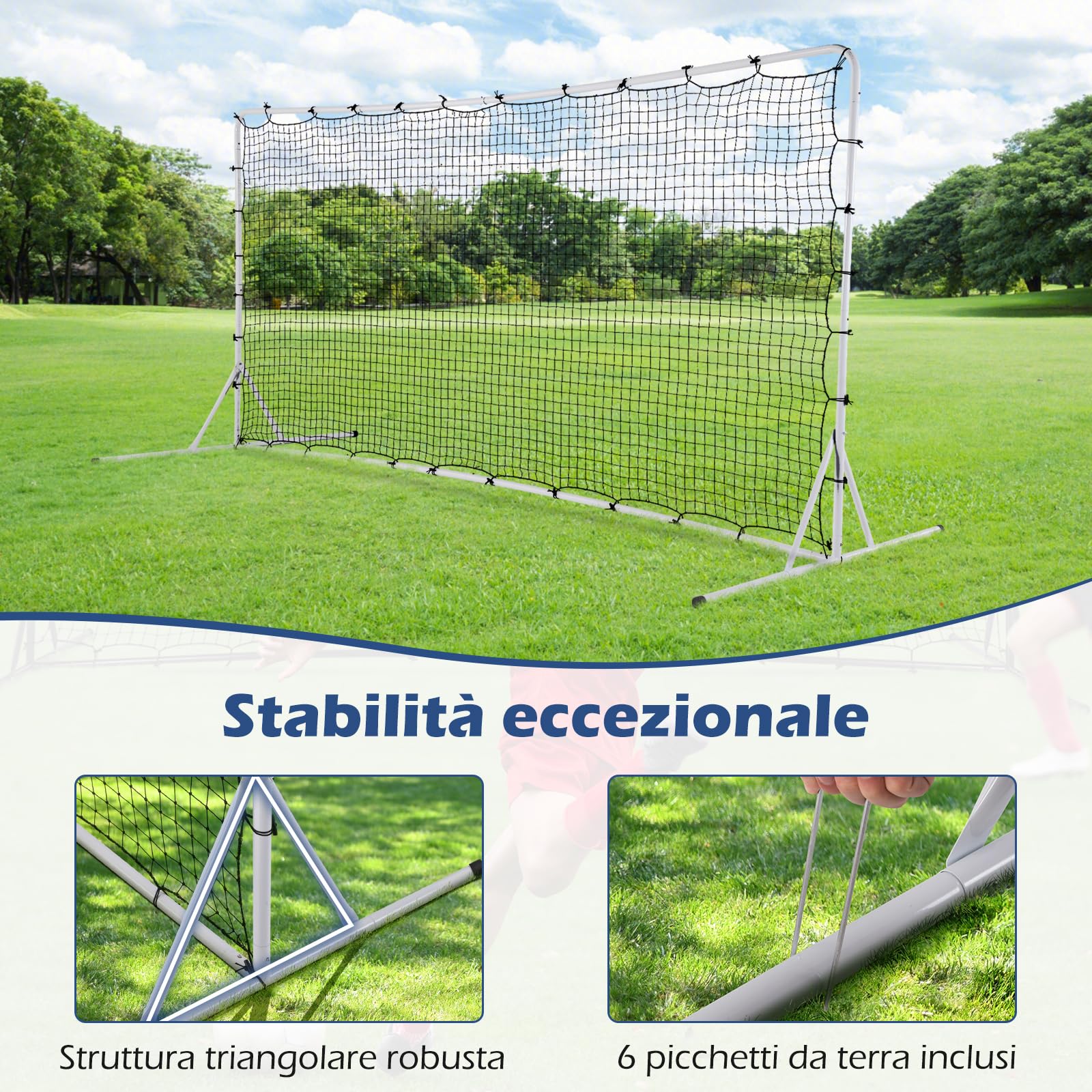 COSTWAY Porta da Calcio Rimbalzanti 372,5 x 182,5 CM, Set di Attrezzature da Calcio con Rete Resistente alle Intemperie, Borsa e 6 Picchetti per Terreno, Cortile e Parco