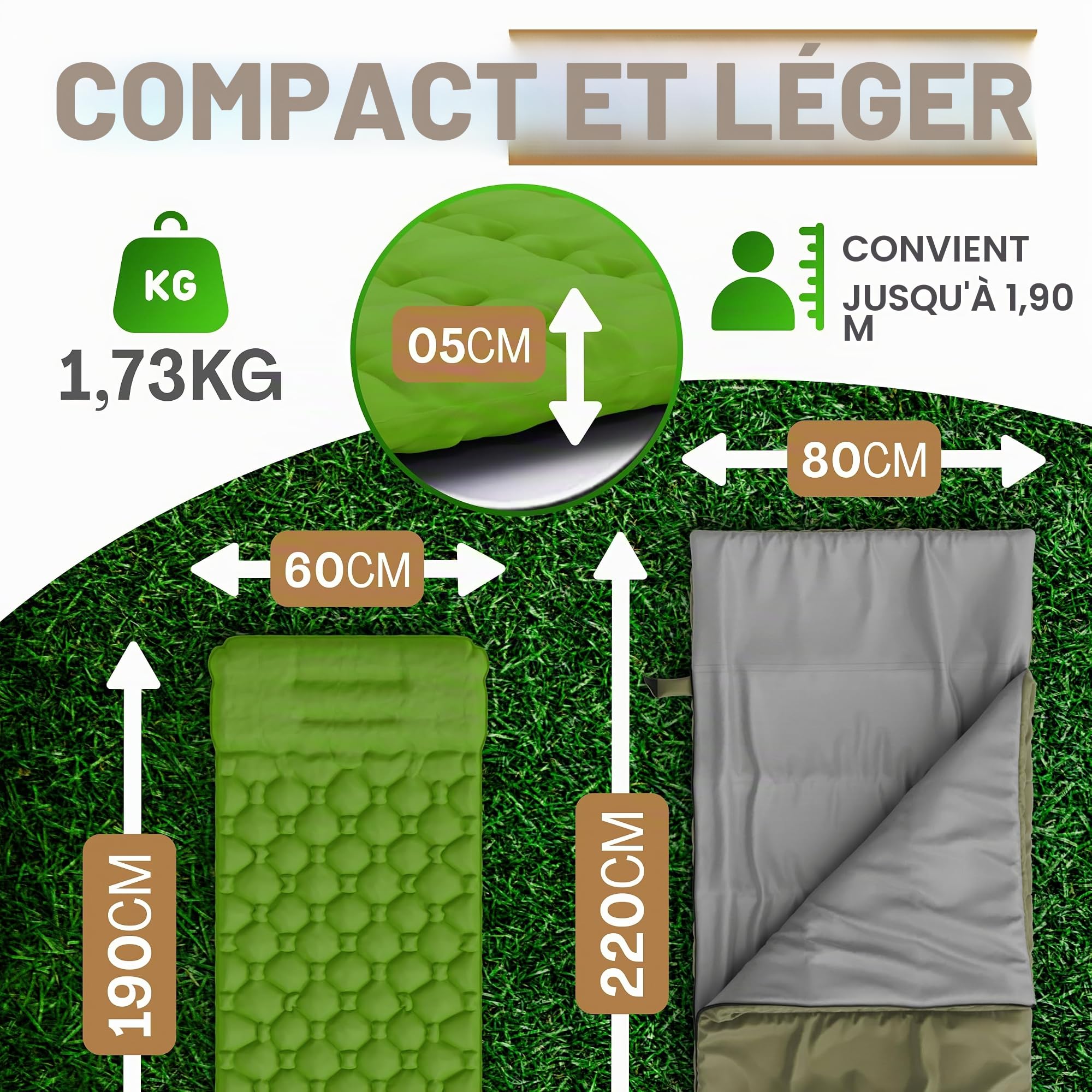 Sac de couchage 2 en 1 avec matelas isolant et pompe à pied - Ultra léger, imperméable, compact - Confort jusqu'à -5 °C - Camping, trekking, festival - 190 × 80 cm