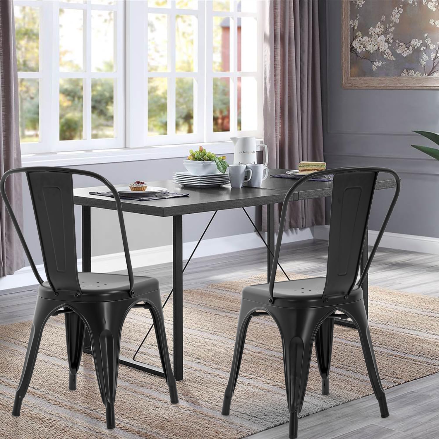 PayLessHere Modern Industrial Metal Dining Chairs Set of 2, 18 Inch, Black, Stackable, 330 LBS Weight Capacity