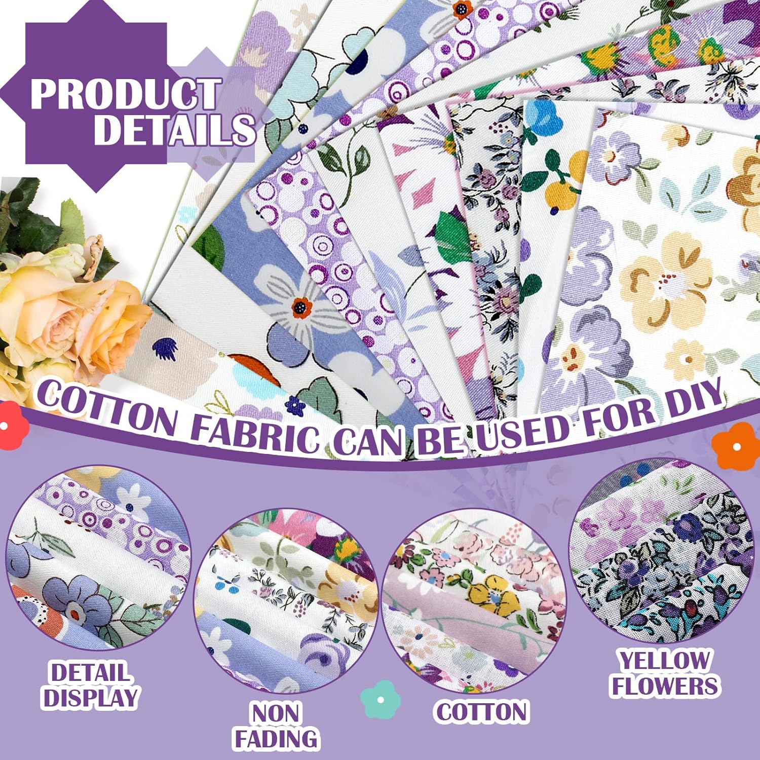 Kinlop 600 Pcs 4 x 4 Inch Cotton Fabric Square Precut Quilting Squares Printed Floral Patchwork Fabric Bundles for Spring DIY Craft Sewing Clothing Accessory(Purple)