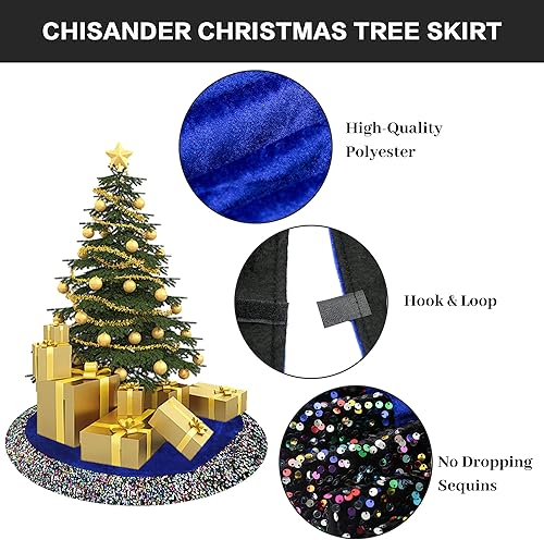 Miniatura 3 de Chisander Falda de árbol de Navidad, borde de lentejuelas de 48 pulgadas con cuerpo de terciopelo negro, cubierta de base de falda de árbol de
