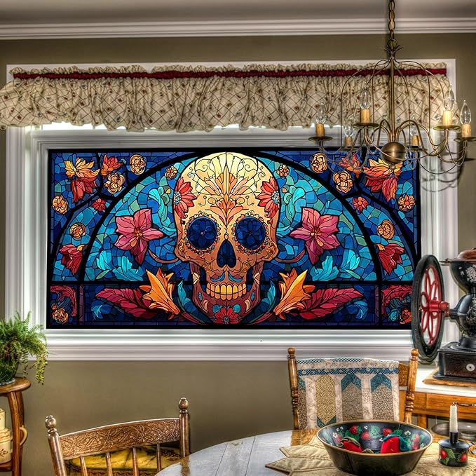 Stained Glass Sugar Skull Pattern Static Cling Window Film 39.3x17.7 inches Non-Adhesive Removable Reusable for Glass Door Home and Office Bedrooms PVC Static Cling Sticker