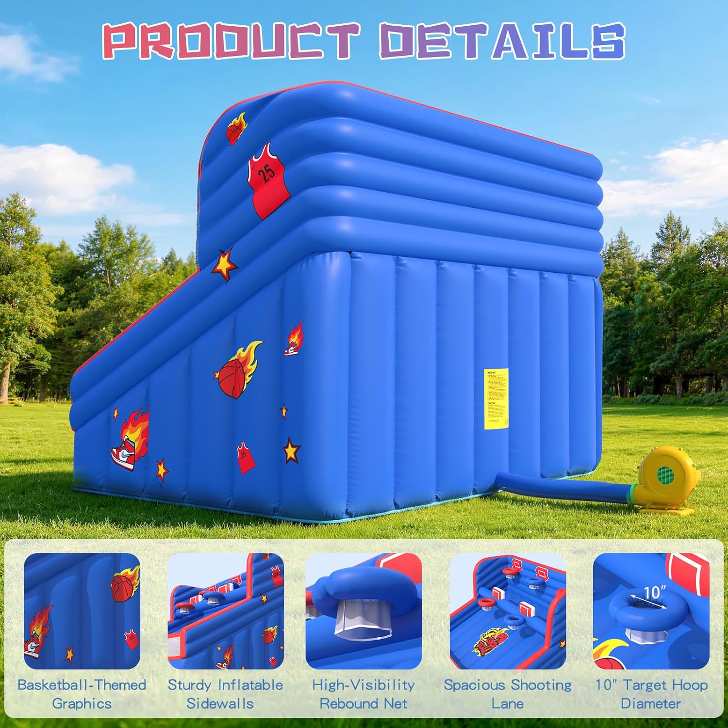 13x10x10FT Inflatable Basketball Shooting Game, Easy Setup w/ 5 Hoops, 680W Air Blower, Stakes, Carry Bag, 840D Oxford Cloth, Indoor/Outdoor Party Inflatables for Backyard, School Events