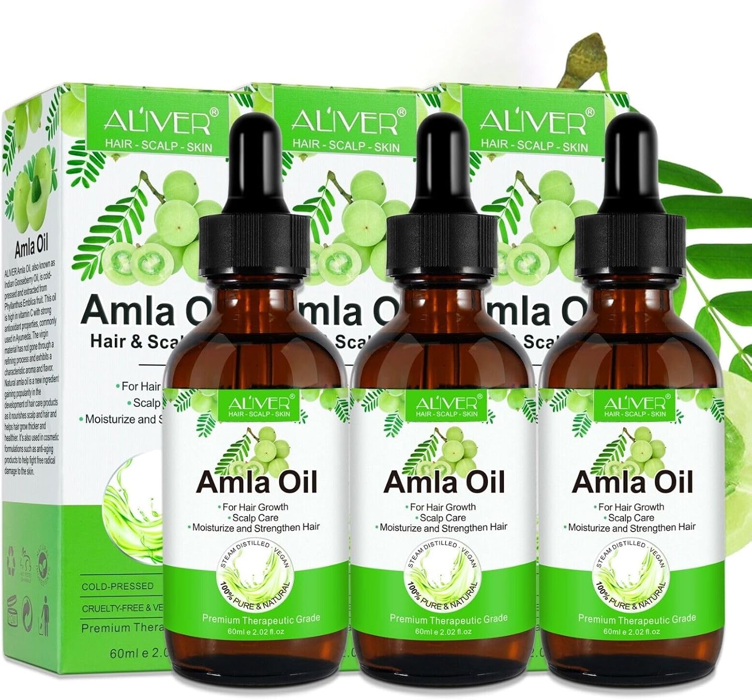 Amla Oil Hair Oil for Intensive Hair Growth Against Dandruff & Hair Loss Cold Pressed Organic & Vegan Vitamin C Amino Acid 3 x 60 ml