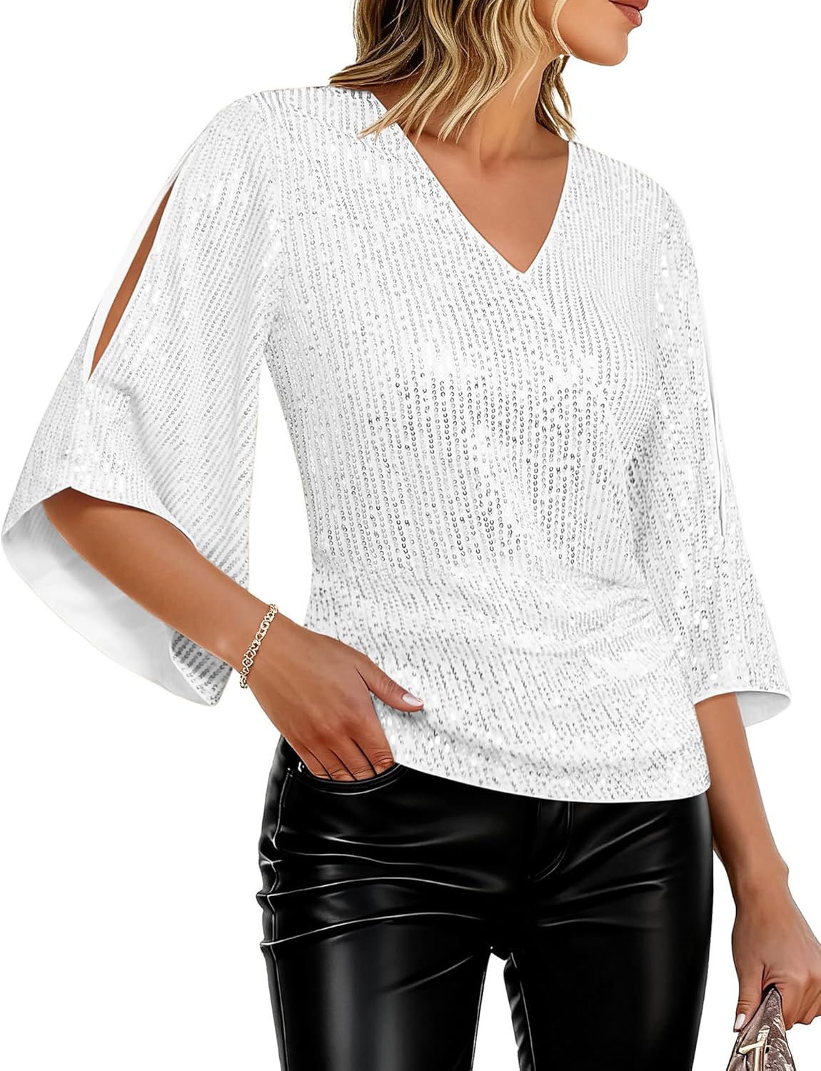 GRACE KARIN Womens Sparkly Sequin Tops,3/4 Sleeve Glitter Party Dressy Blouse,V-Neck Disco Evening Club Concert Shirt - Image 2