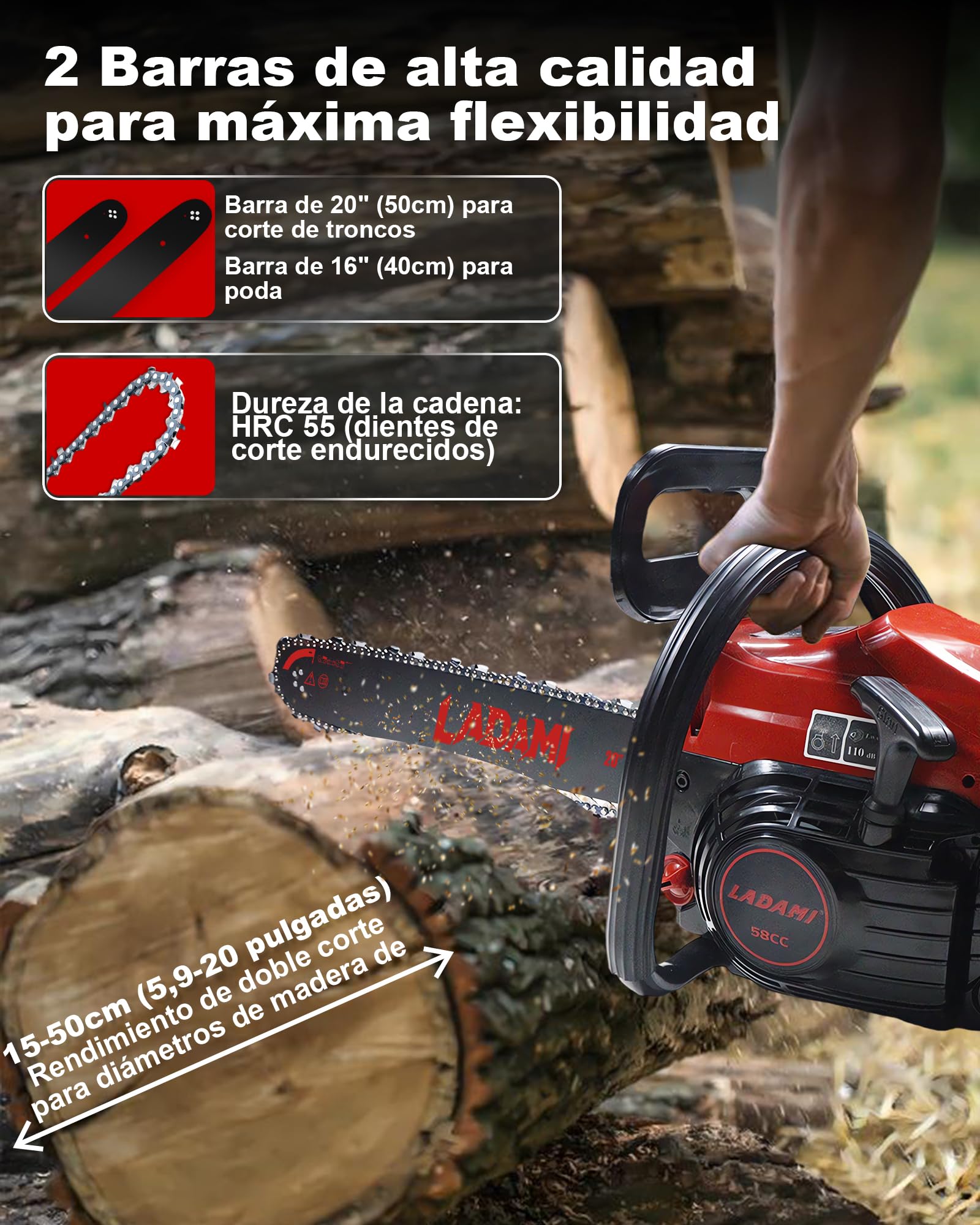Motosierra de gasolina 58CC profesional, motosierra de 2 tiempos, motor de 3,5 HP con espada de 20 y 16 pulgadas, 2 cadenas, sierra de gasolina para el cuidado de árboles, tala y jardinería.
