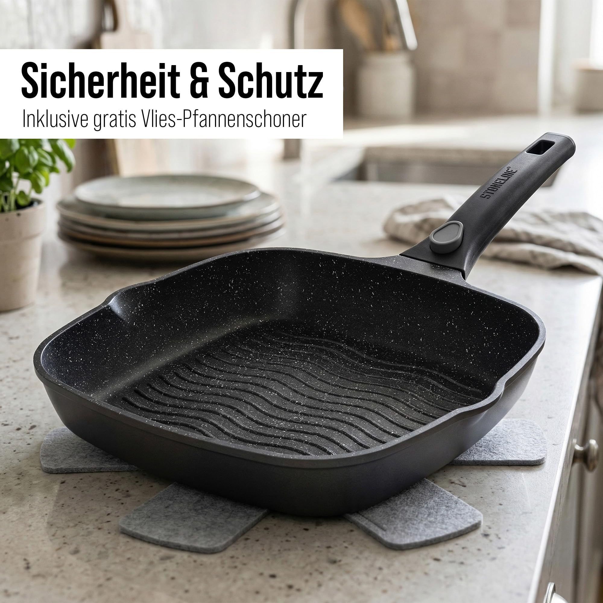 STONELINE SMART Grillpfanne 28 cm ☆ REDESIGN 25/26 ☆ Große Steak Pfanne Aluguss, Abnehmbarem Griff, Pfanne Induktion, Alle Herdarten, Antihaftbeschichtet mit echten Steinpartikeln, Grau