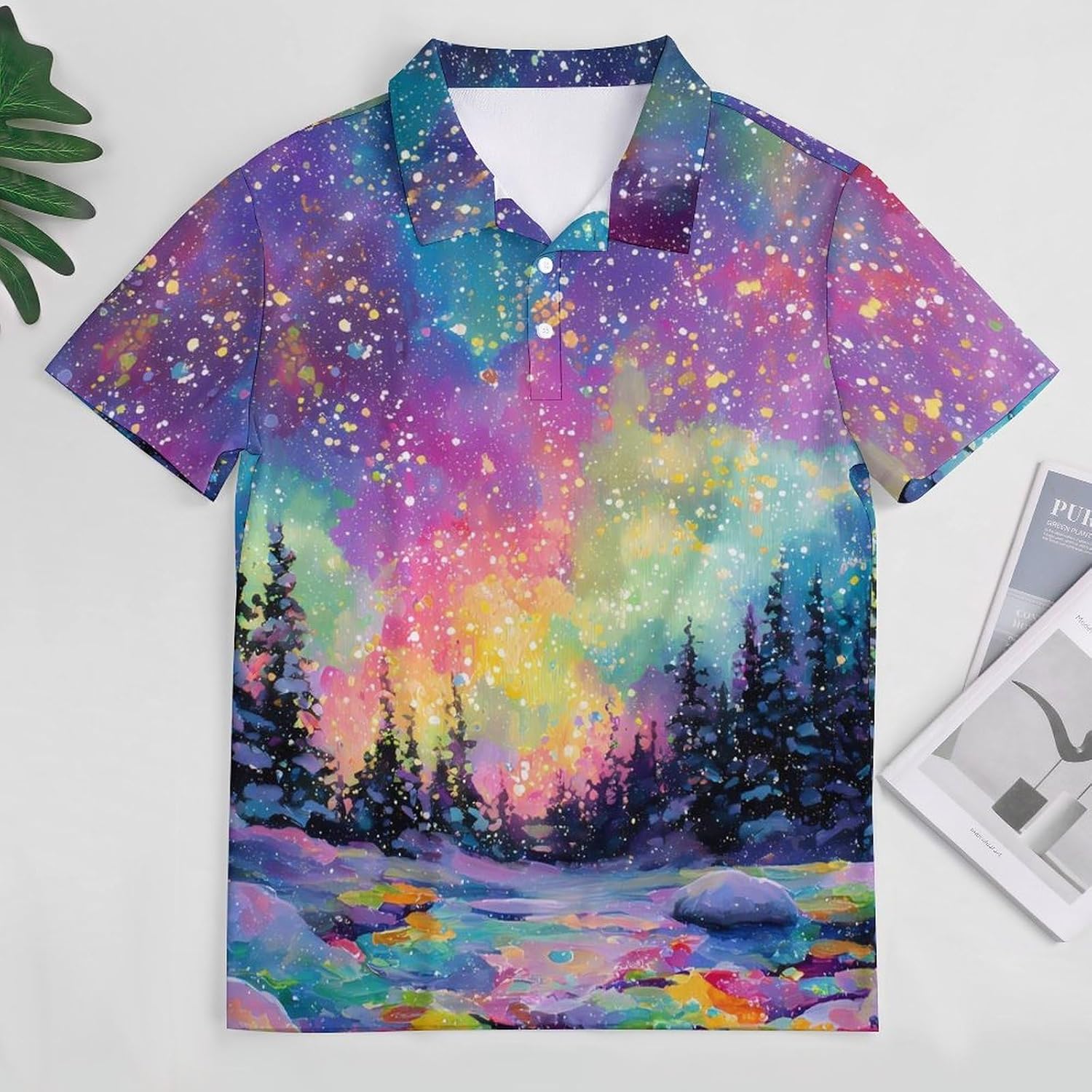 Colorful Auroras Borealis Snowy Men's Polo Golf Shirts Collared T-Shirt | short sleeve,three button,quick dry,machine washable,summer tee top