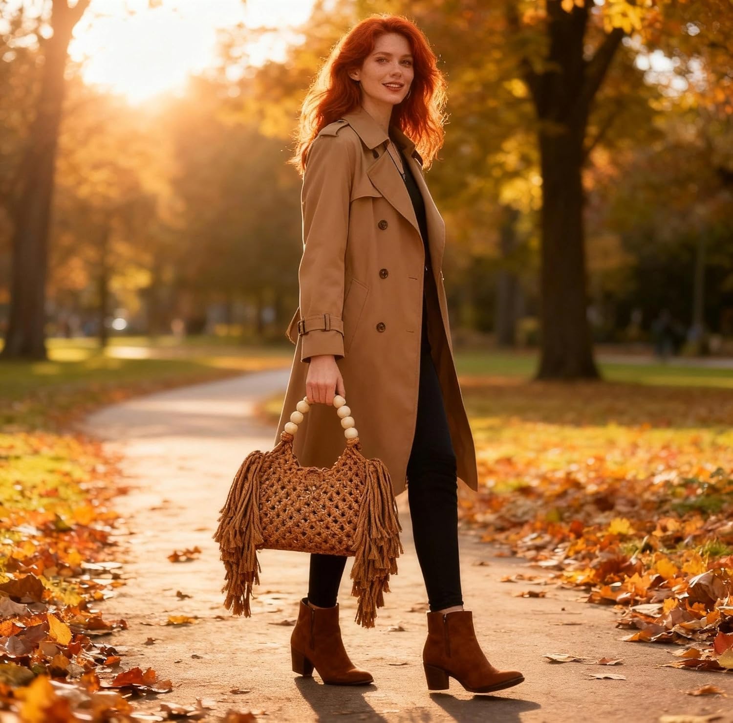 Handbags for Women, Hand-woven Knitted Cotton Handbags, Tassel Woven Bag, Wooden Bead Handle, Shoulder Bag for Beach Vacation(Khaki) - Image 7