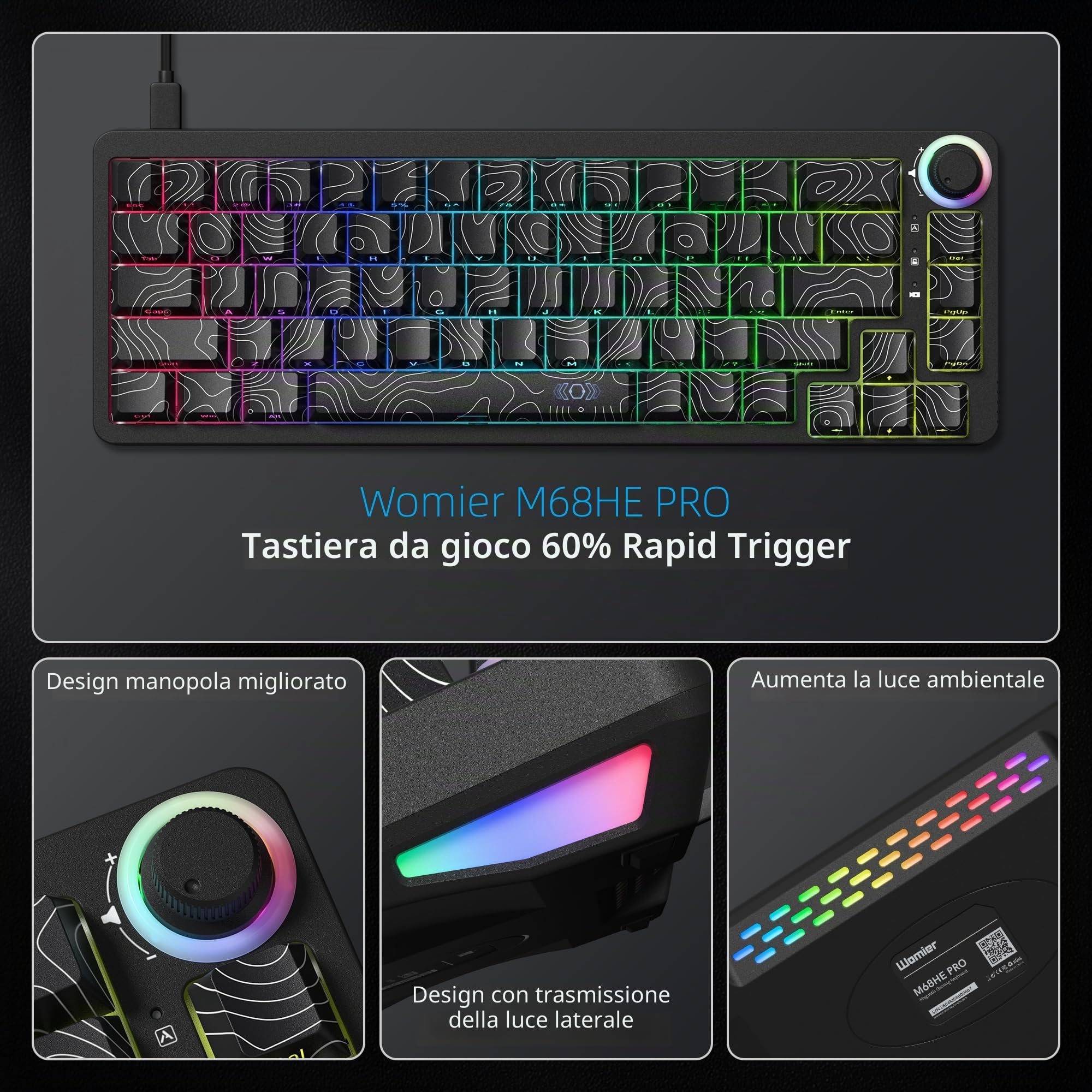 Womier Tastiera M68 HE V2 60% con trigger rapido, tastiera topografica da gioco effetto Hall, tastiera meccanica RGB personalizzata cablata con interruttore magnetico, copritasti in PBT per Mac/Win