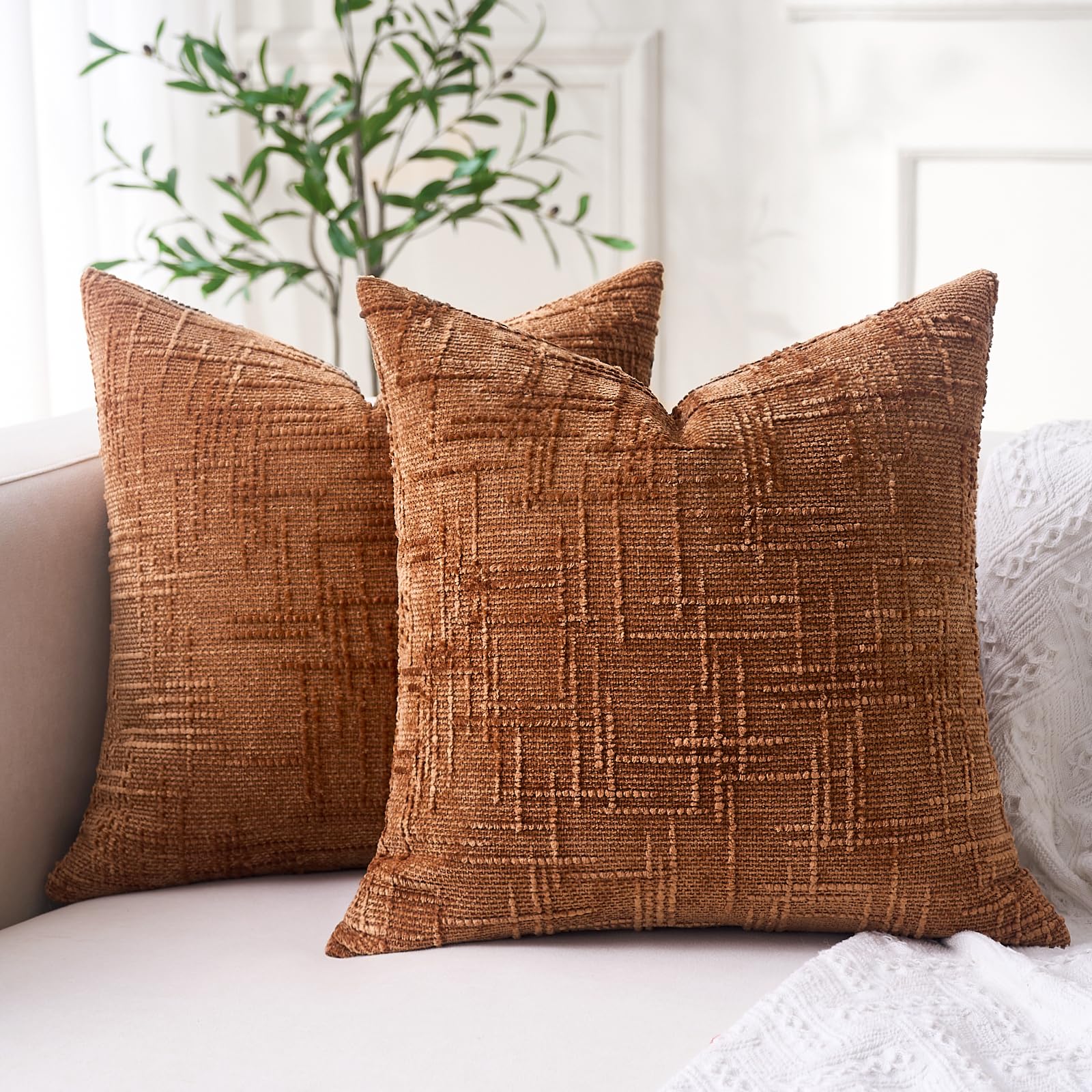 Chenille Terracotta Cushion Covers 45 x 45 Modern Farmhouse Decor Burnt Orange Cushions Decorative Bohemian Couch Pillows Home Decor Cushion 45 x 45 for Home Decoration Sofa Living Room Bedroom Couch