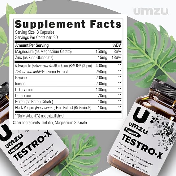 UMZU Testro-X Supplement for Men 90 Capsules for 30 Day Supply Supports Energy, Focus, Strength & Muscle Recovery with Ashwagandha & Zinc Natural Mens Wellness Support Formula