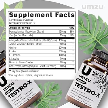 UMZU Testro-X Supplement for Men 90 Capsules for 30 Day Supply Supports Energy, Focus, Strength & Muscle Recovery with Ashwagandha & Zinc Natural Mens Wellness Support Formula