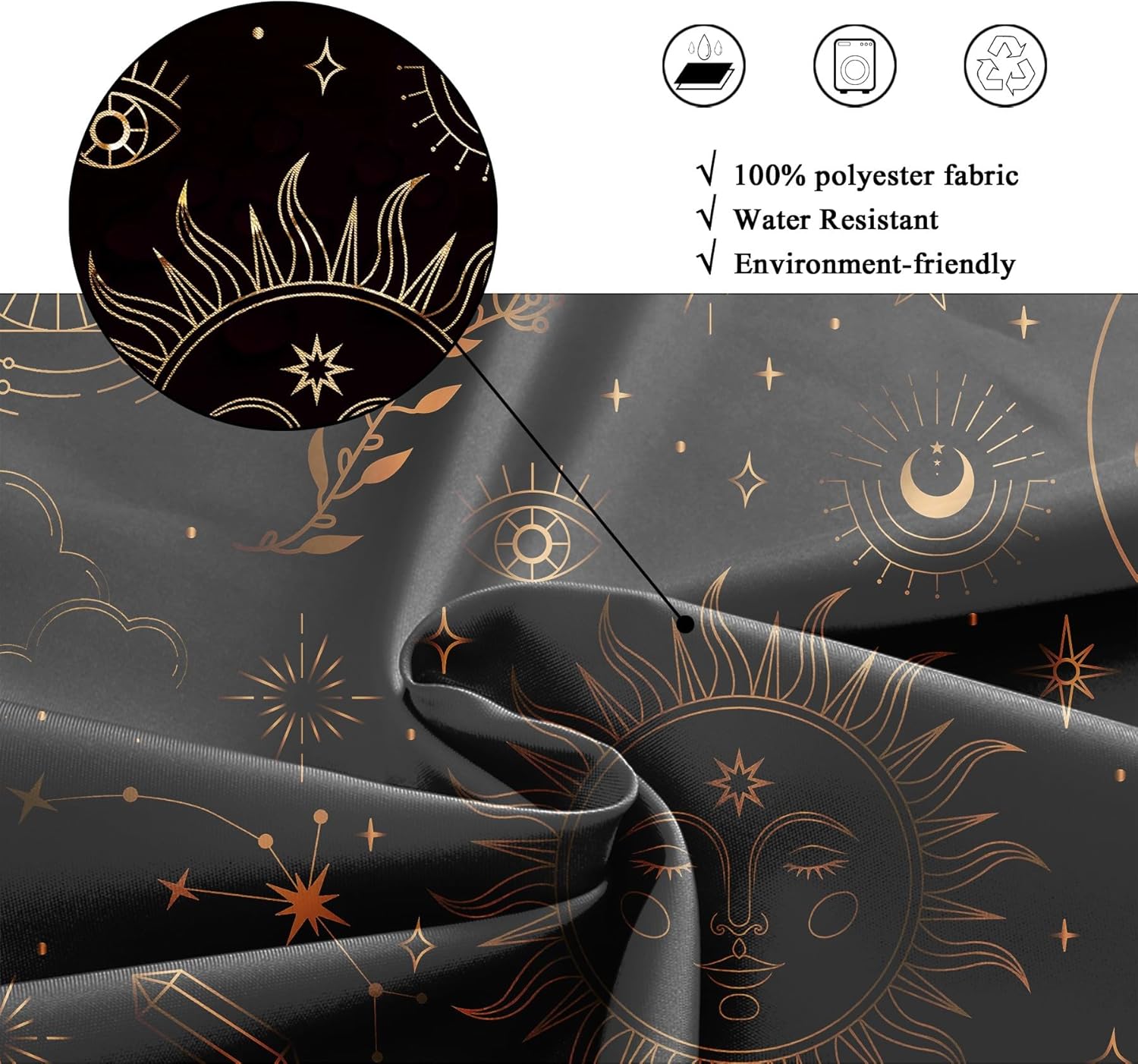 Riyidecor Black Gold Witchy Shower Curtain for Bathroom Decor 72Wx72H Mystic Moon Phase Cat Celestial Sun Stars Goth Zodiac Constellation Art Printed Fabric Polyester Waterproof 12 Pack Plastic Hooks