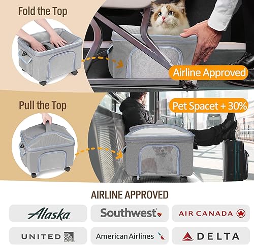 Vista 10 de Transportador de mascotas para perros pequeños, gatos y gatos con ruedas de lados suaves, bolsa de viaje para gatos de hasta 15 libras, cochecitos