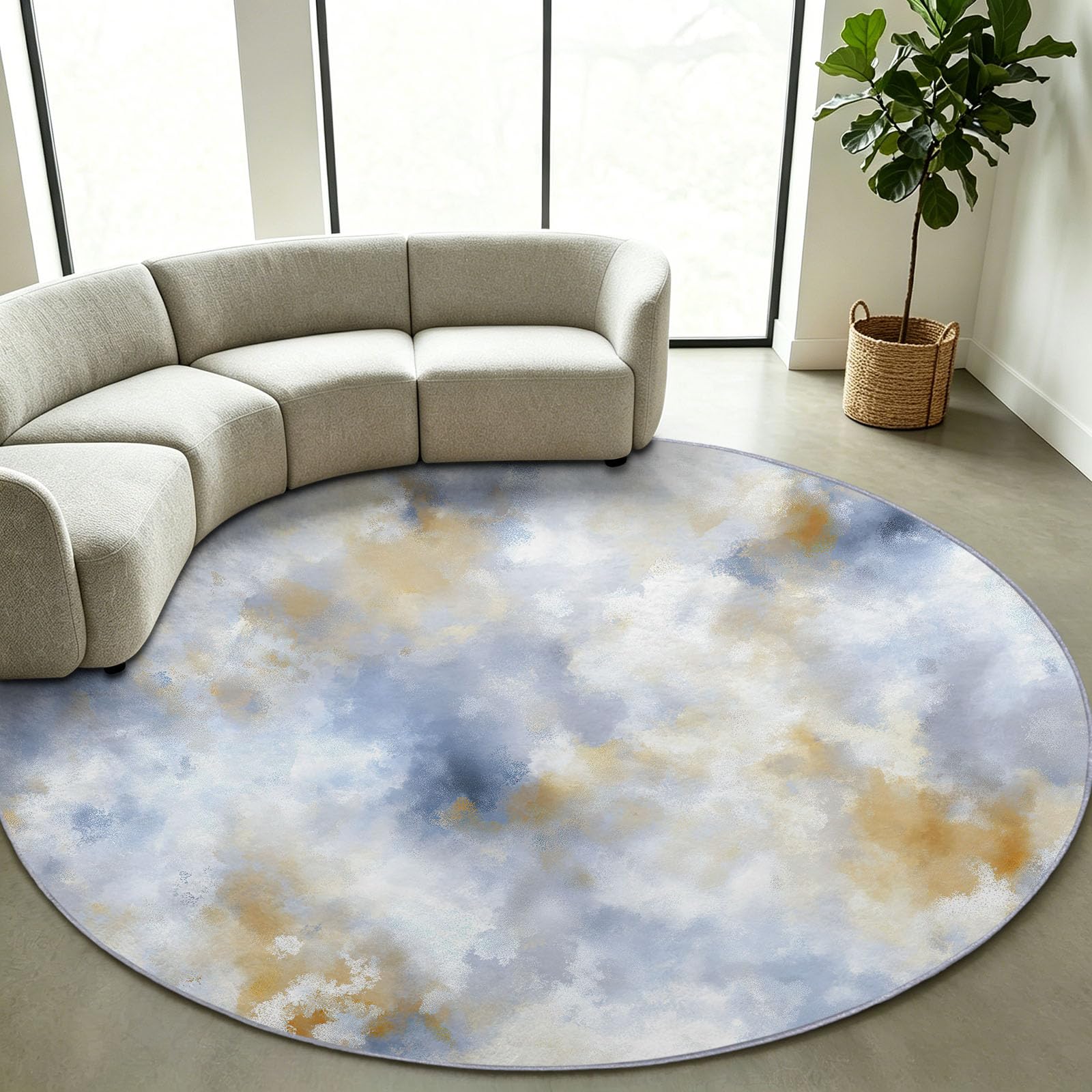 Tappeto rotondo da 170 cm, lavabile, antiscivolo, con nuvole che scorre, blu, morbido, resistente alle macchie, motivo astratto sognante, per soggiorno, camera da letto, comodino, camera dei bambini