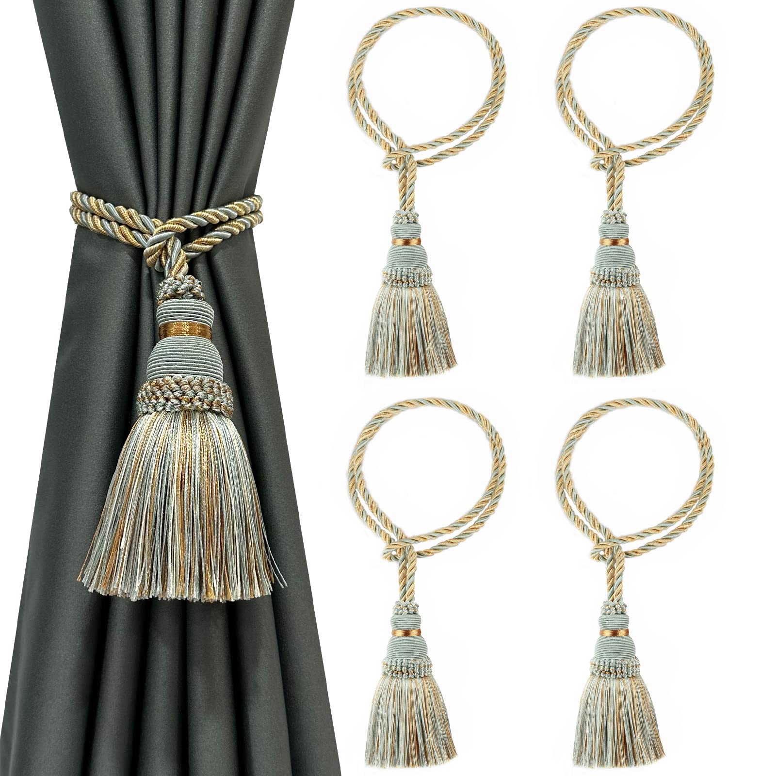 Tassel Curtain Tiebacks， Curtain Tiebacks Braided Rope Tassels 4 Pack Multicolor(Mix Blue)
