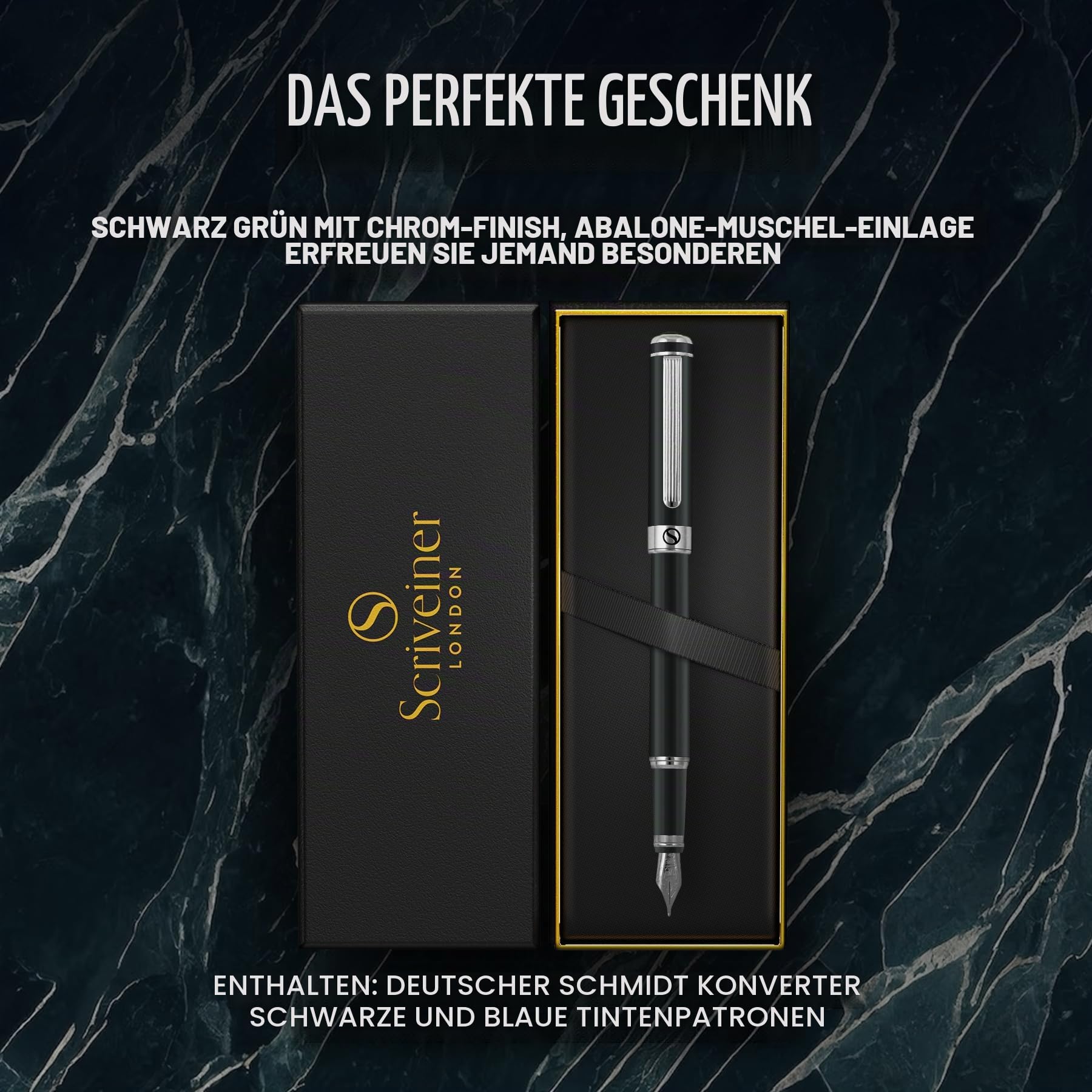 Scriveiner Atemberaubender Luxus-Füllfederhalter mit Chrom-Finish, Schmidt-Feder (Medium), Bestes Stift Geschenkset für Mann & Frau, Profi, Chefbüro, tolle Stifte