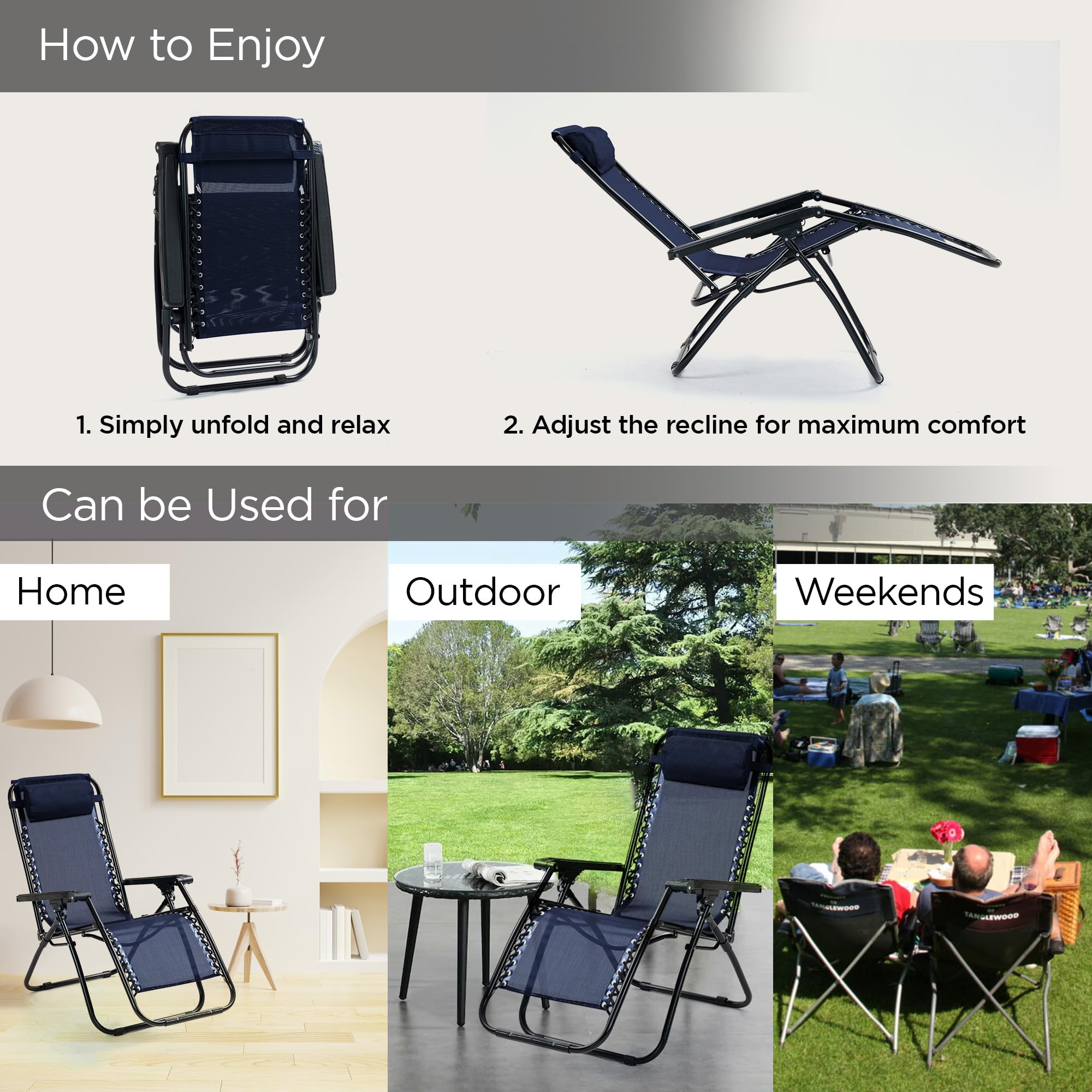 UMAI Recliner Chair | Comfortable, Portable Folding Chair | for Relaxing in the Home, Lounge, Room, Lawn or Balcony | Adjustable Pillow Included | Navy Blue 3
