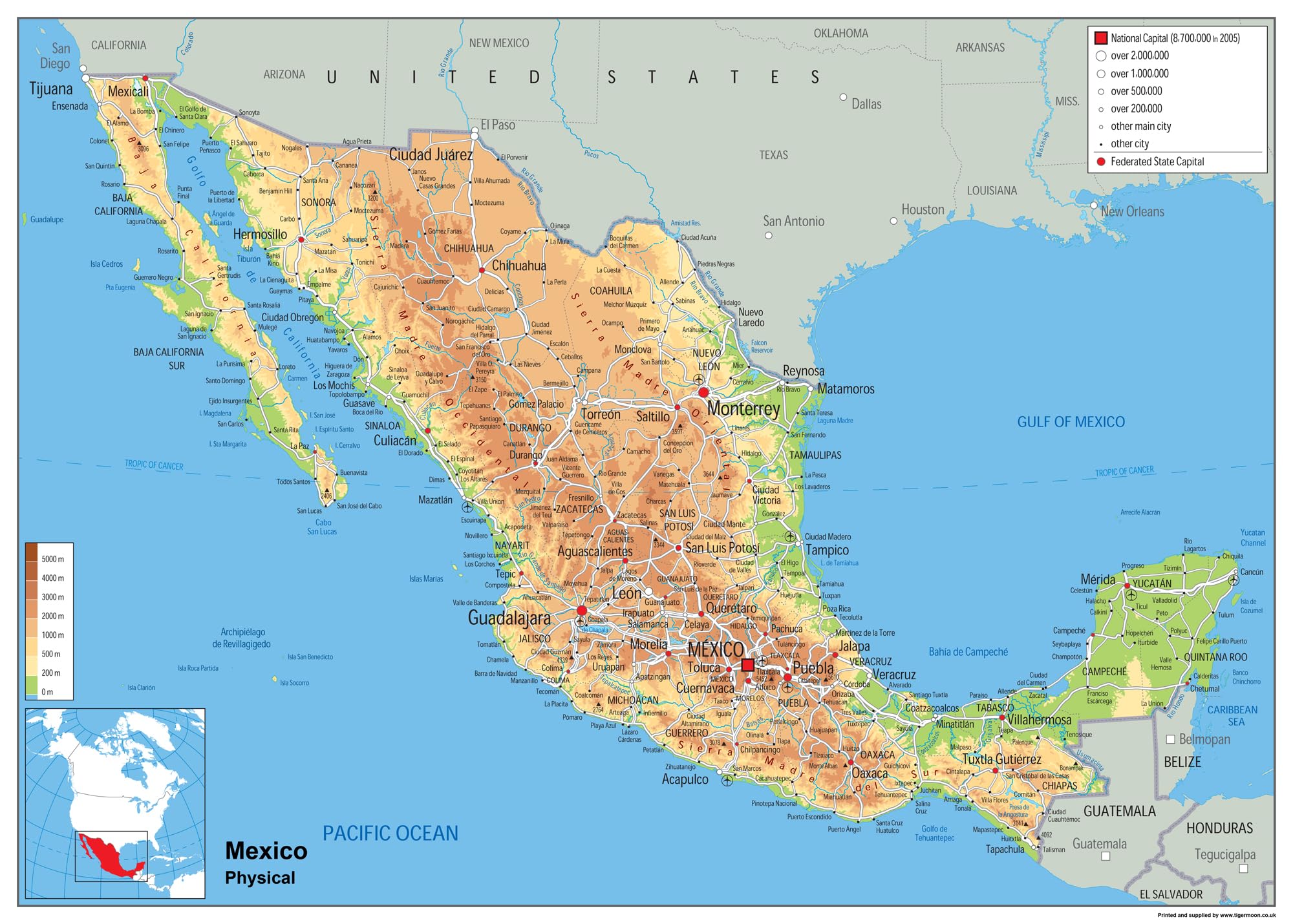 Mexico Physical Map - 16.53 x 23.38 inches - Paper Laminated