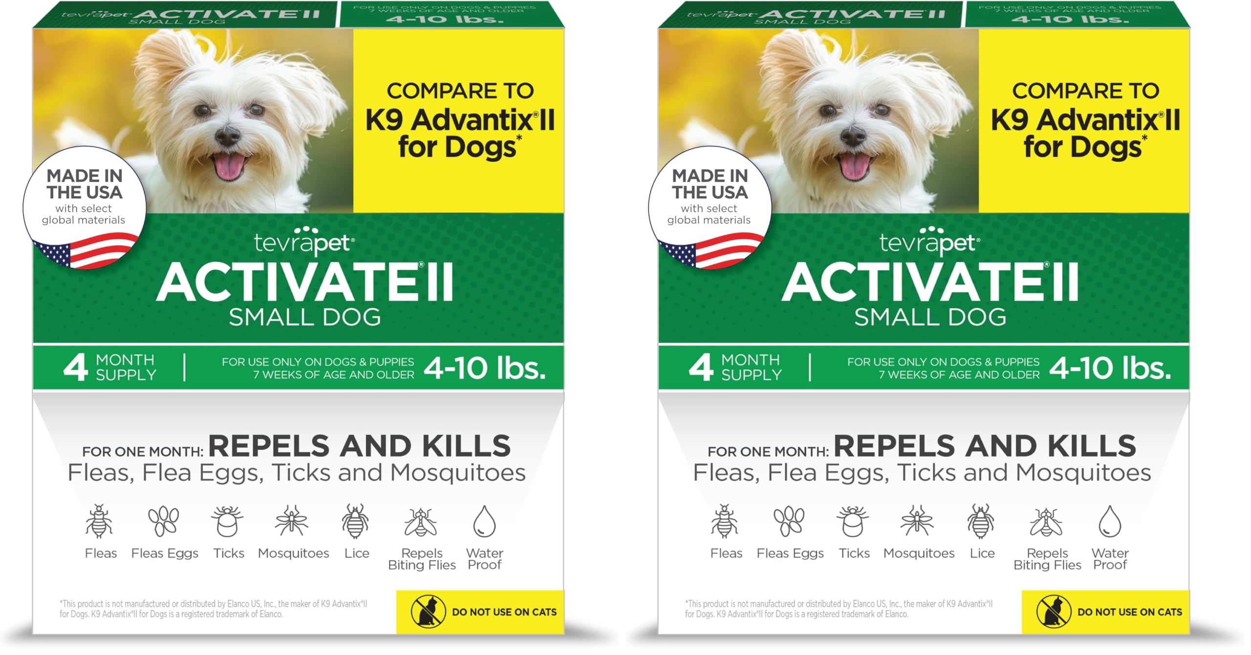 TevraPet Activate II Flea and Tick Prevention for Dogs, Small Dogs 4-10 lbs, Topical Drops, 4 Months Flea and Tick Treatment (Pack of 2)