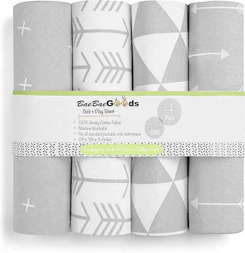 Pack N Play Sheets - Sábanas de colchón 100% algodón de punto de jersey súper suave, sábanas portátiles para cuna pequeña (24 x 38 x 5) en patrón