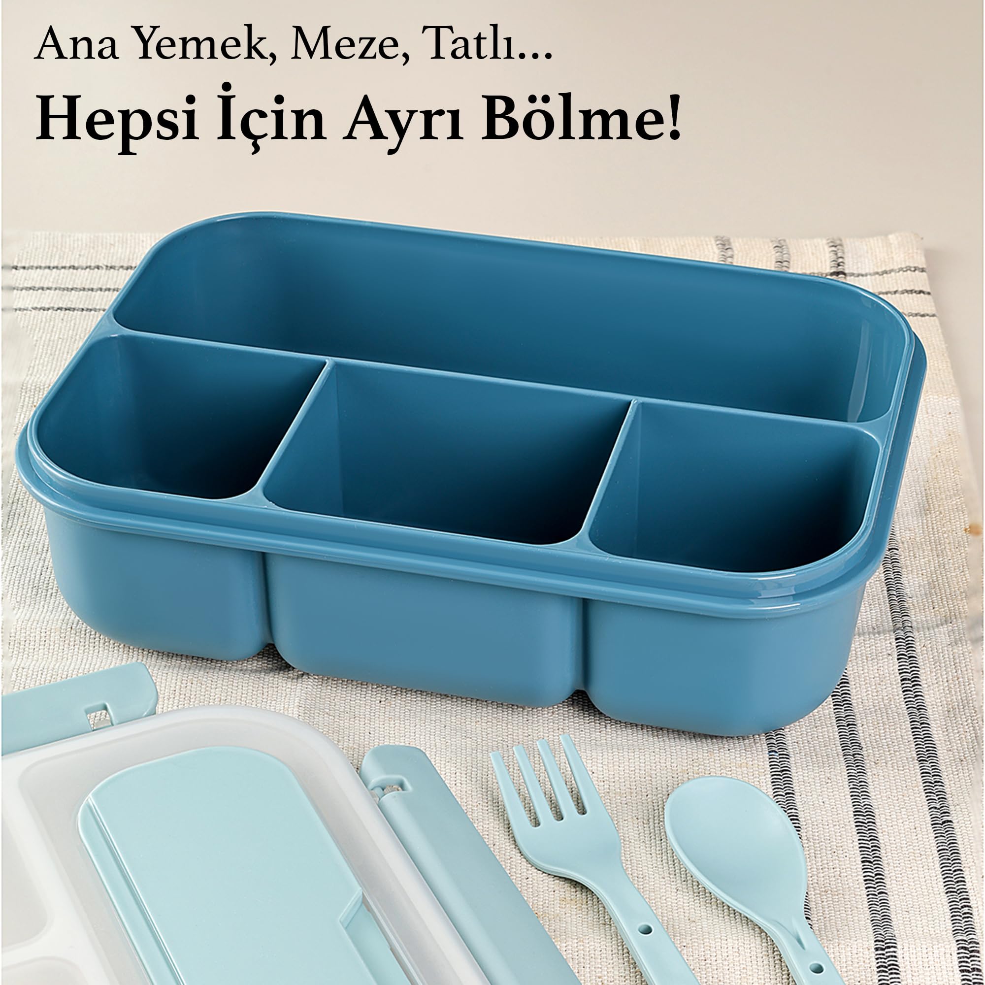Sızdırmaz Contalı Yemek Kabı - 4 Bölmeli Çatal Kaşıklı Diyet Beslenme Kutusu Lunch Box Mavi