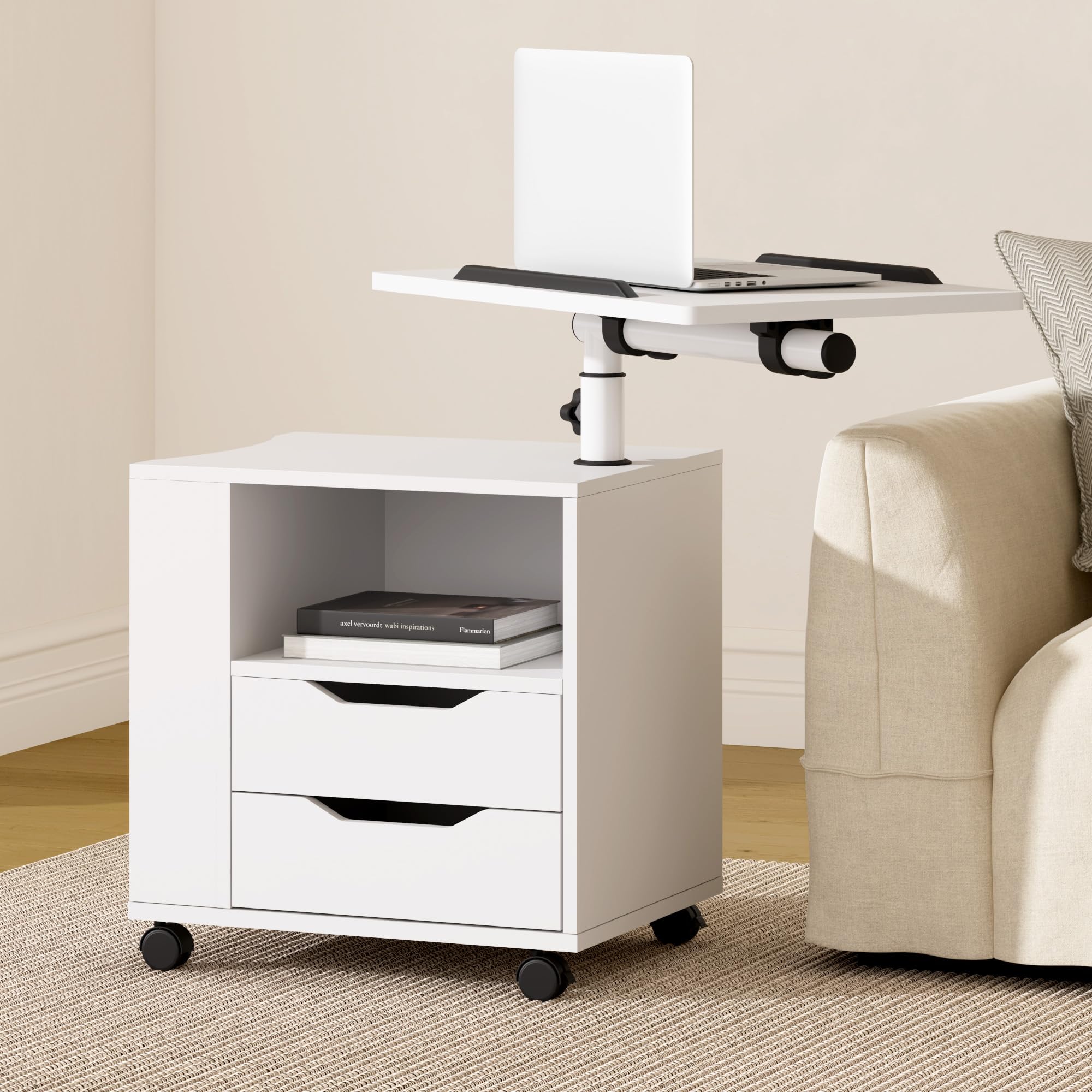 SogesHome Table de Chevet pour Chambre à Coucher Table de Nuit Commande avec Tiroir Armoire de Rangement avec Plateau Pivotante, roulettes Universelles Verrouillables, Blanc
