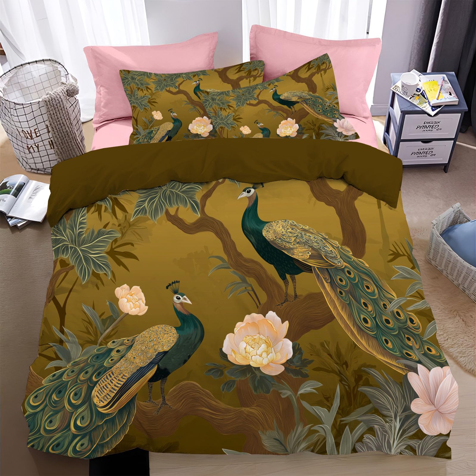 Housse de couette fermeture éclair finis les boutons avec motif paon élégant